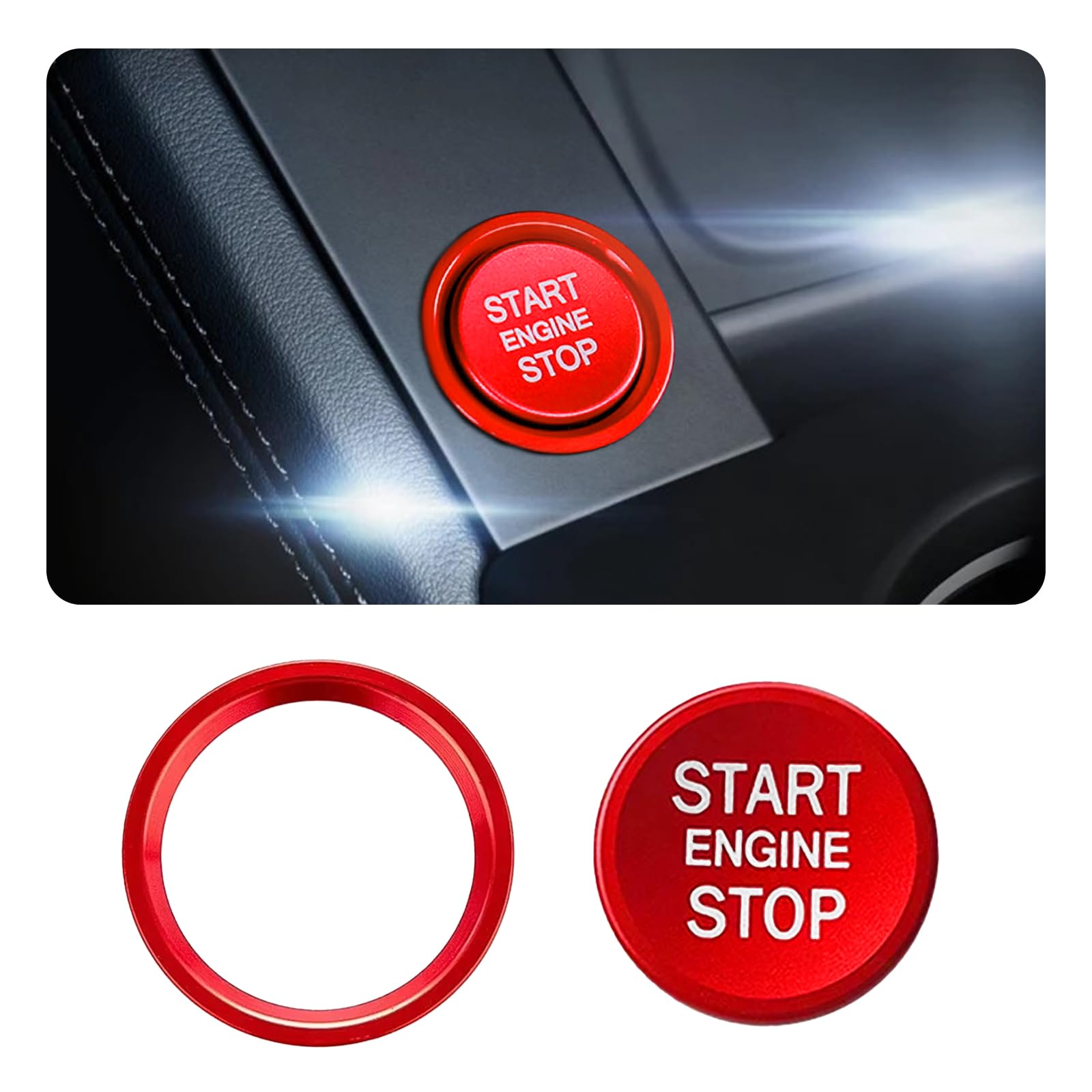 Premium Aluminum Car Push Start Button Cover - Engine Start Stop Button Decoration with Ring, Red Ignition Button Cover for Interior Car Accessories | Enhance Your Vehicle's Style & Protect Your Ignition Switch (Perfect for Daily Commute, Road Trips & Car Enthusiasts)
