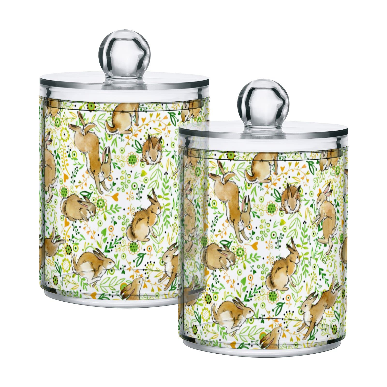 Easter Bunny Plastic Storage Jars with Lids - Set of 4 Green Floral Herb Leaf Design 10oz Translucent Food Containers for Tea, Cookies, Cotton Swabs | Perfect for Kitchen Pantry Organization, Easter Decor & DIY Canning Supplies