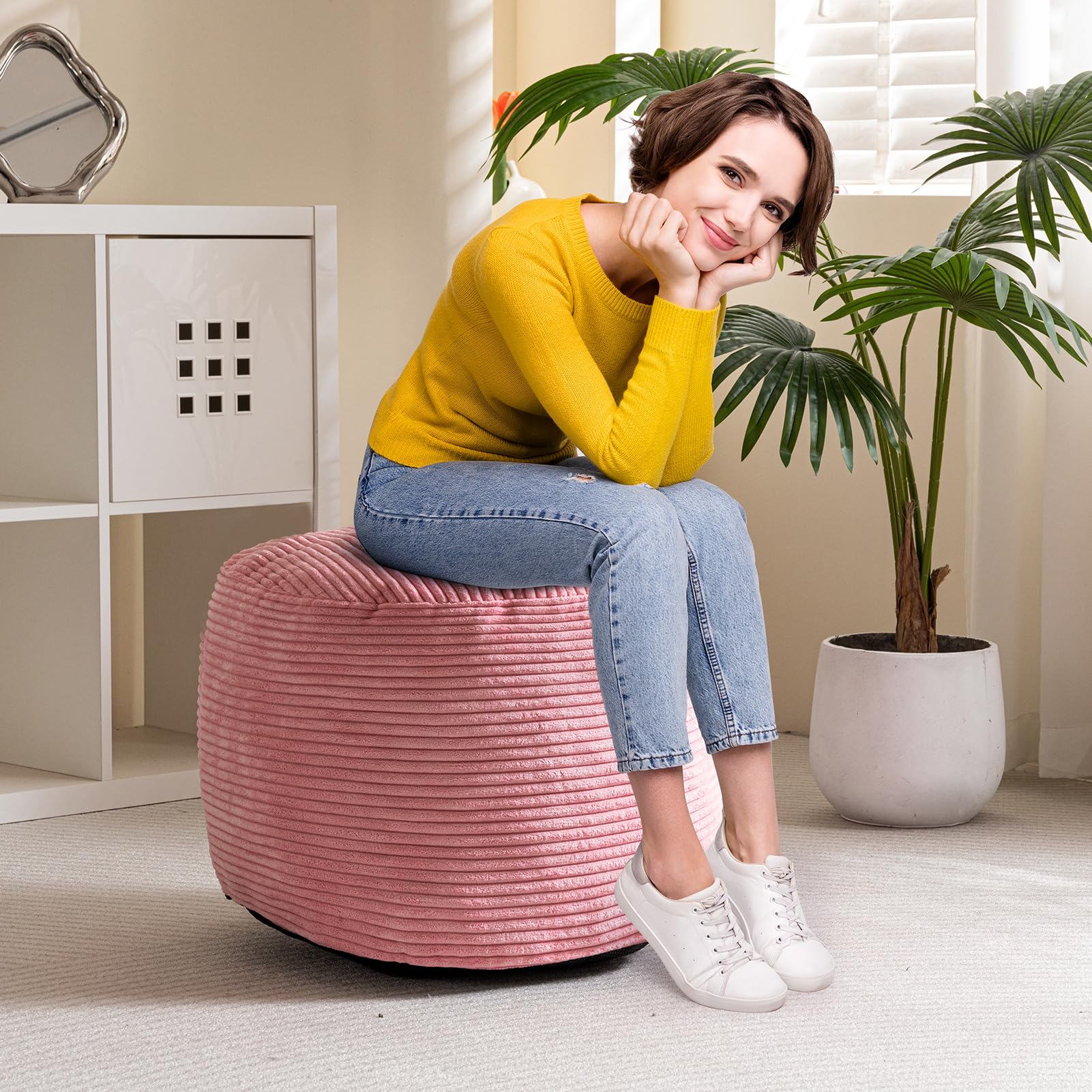 MAXYOYO Round Stuffed Pouf Ottoman - 20 x 15 Inch Corduroy Footrest with Foam Chunk Filling, Pink | Perfect for Living Room, Bedroom & Nursery Decor