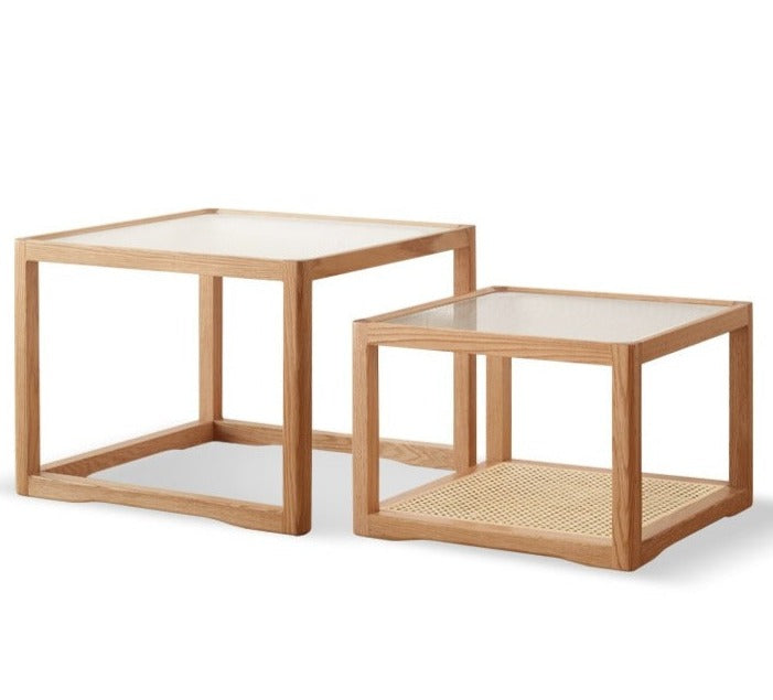 19.7x19.7x13.8 inch / 50x50x35сm + 23.6x23.6x17.7 inch / 60x60x45сm / Natural wood color / small square table + large square table