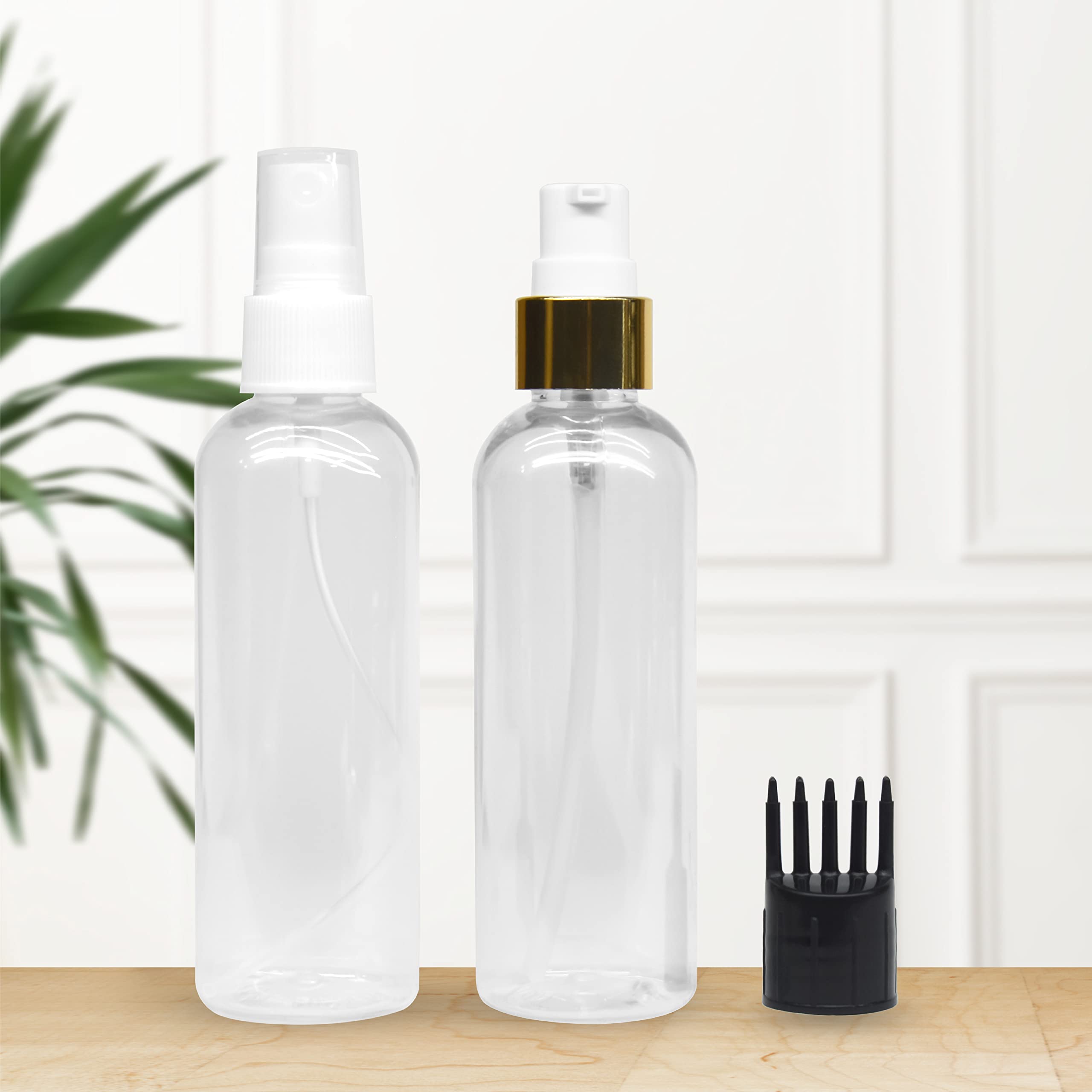 MeeTo 2 Pack Refillable Cylindrical Bottles with Pump Dispenser, Spray Atomizer & Root Comb Applicator - Ideal for Perfume, Shampoo, Lotion, Body Soap & Cream Storage | Travel, Salon & Home Use