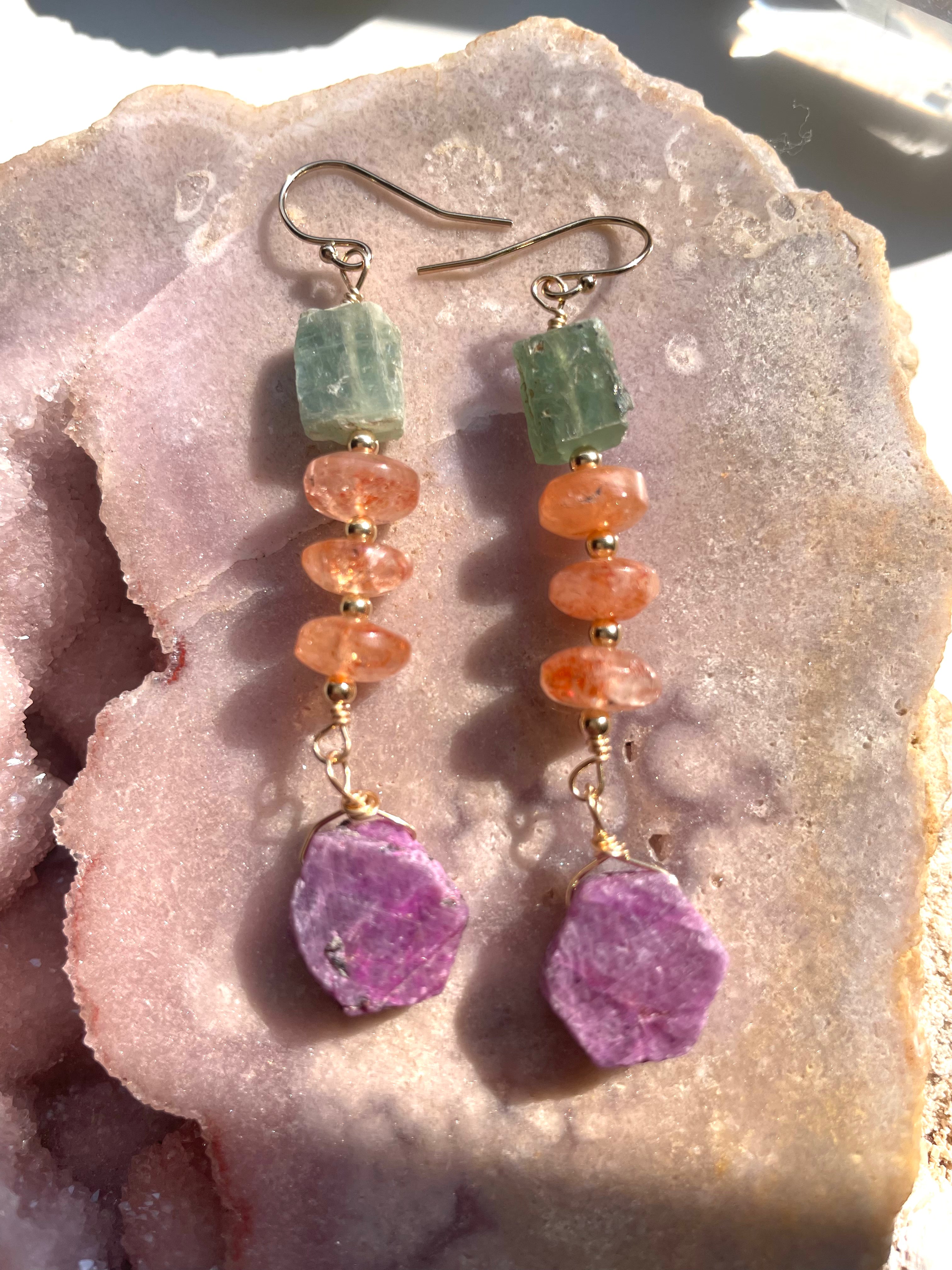 Unique Raw Ruby Sunstone Green Kyanite Statement Earrings for Women | Handmade Boho Jewelry | Perfect for Weddings, Parties & Special Occasions