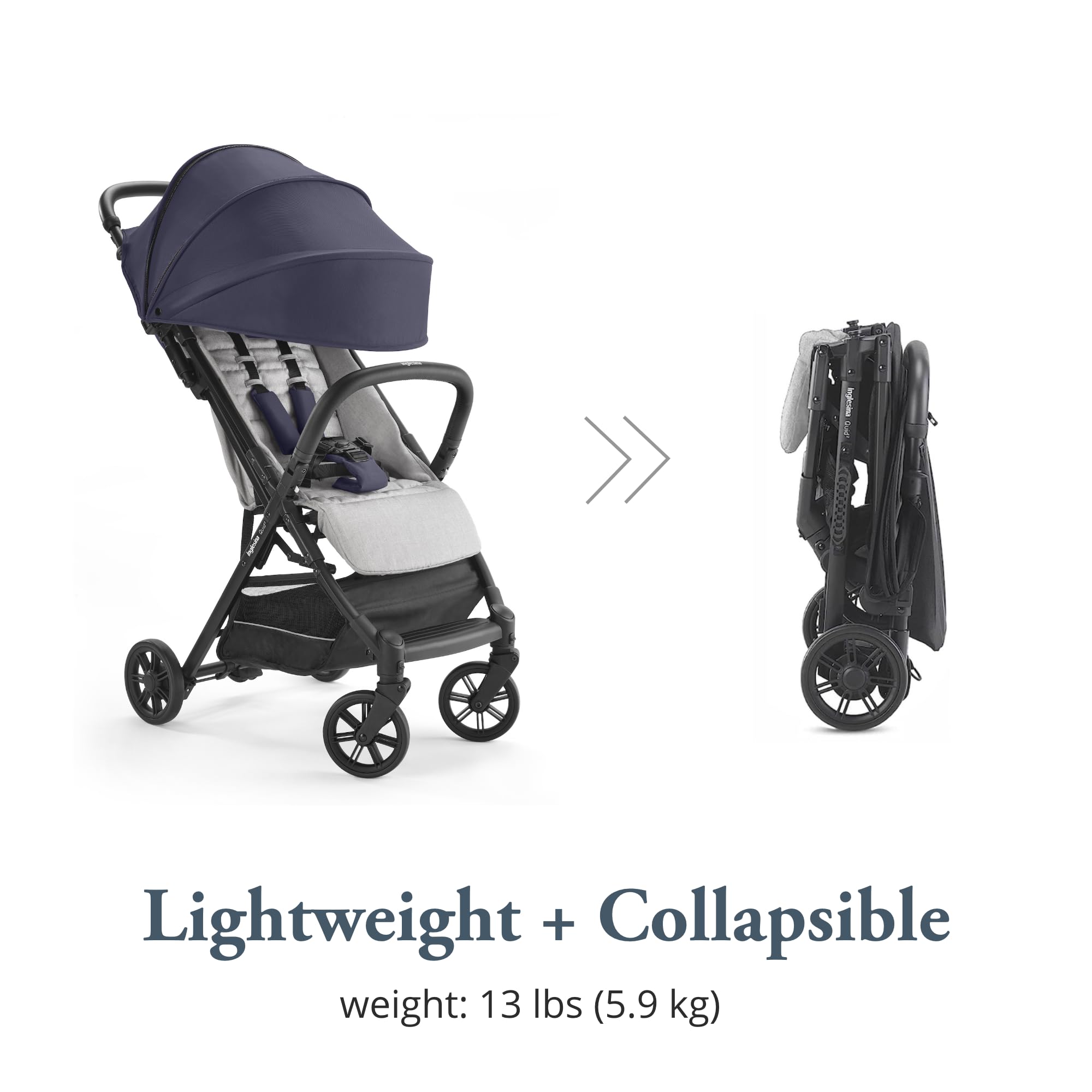Inglesina Quid Stroller - Compact Lightweight Travel Stroller for Babies & Toddlers (3 Months to 50 lbs) | Easy Fold & Airplane Approved | BPA-Free College Navy Design | Perfect for City Walks, Travel & Everyday Use