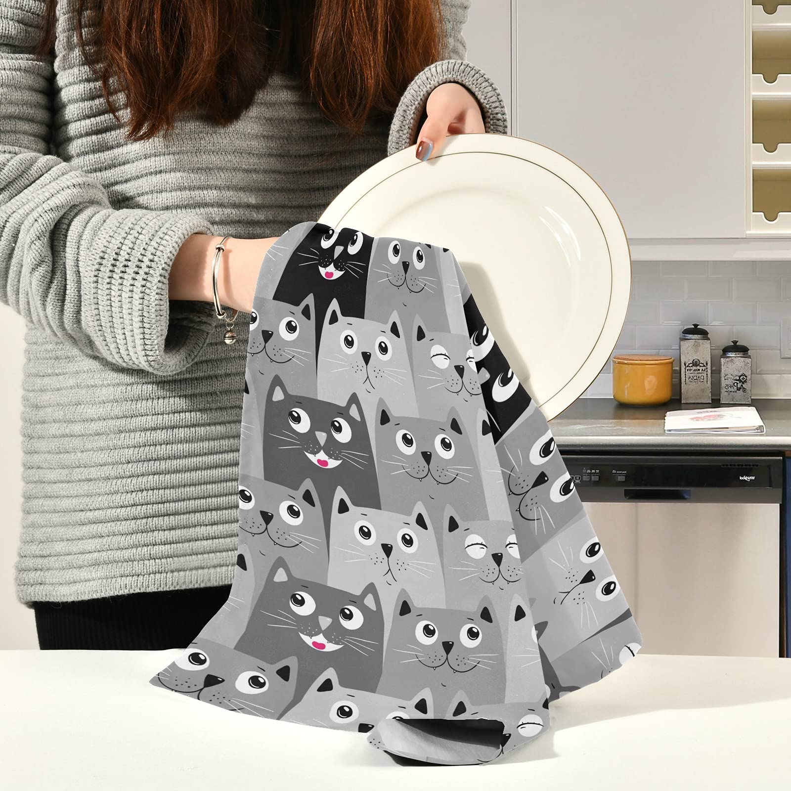 ALAZA Super Soft Cartoon Gray Cat Kitchen Towels - Set of 6 Absorbent 18x28 Inch Dish Towels & Dishcloths for Bar, Tea, Cooking & Cleaning
