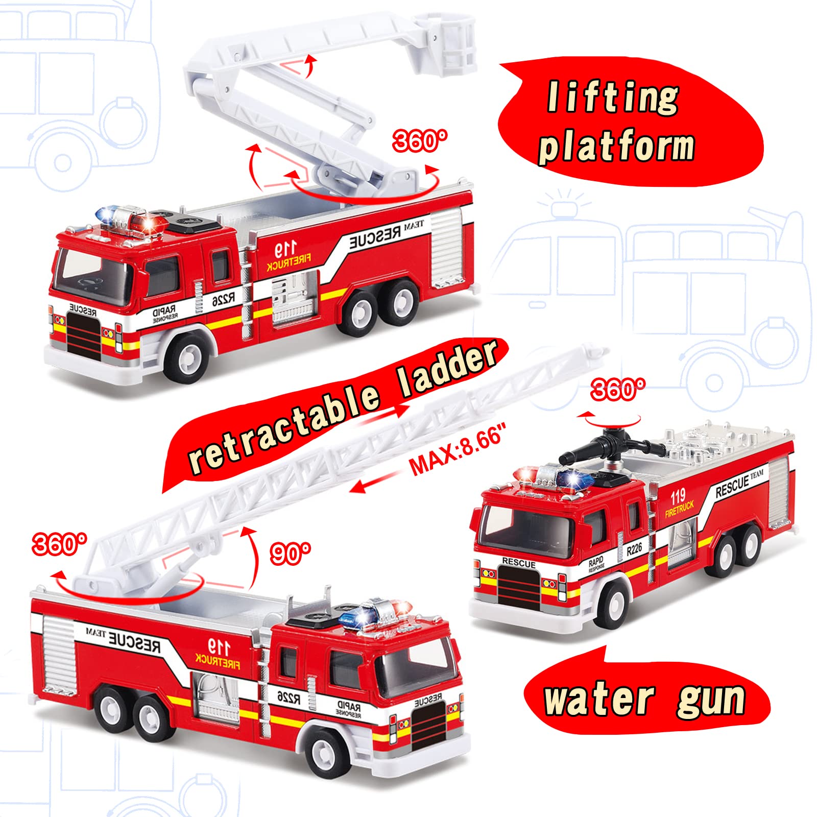 CORPER TOYS 3-Pack Fire Truck Toy Set with Extending Rescue Ladder, Rotating Water Gun, Lights & Siren Sounds – Pull Back Alloy Car Toys for Toddlers, Boys & Girls – Perfect for Birthday Gifts & Pretend Play Firefighter Scenarios