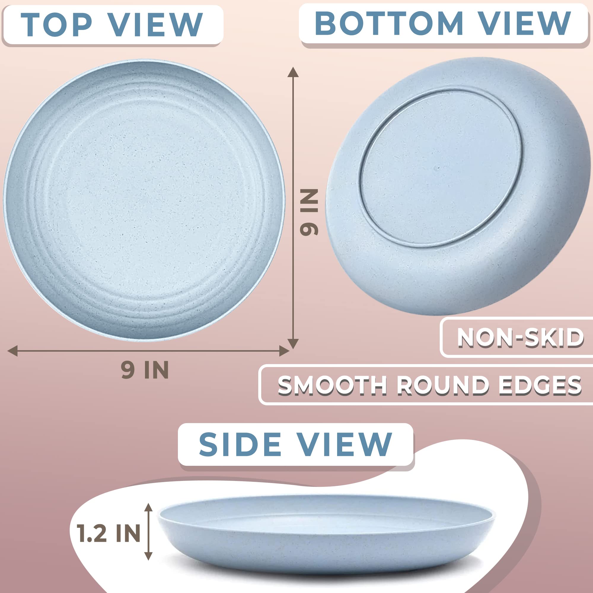 HYQO 4-Piece Wheat Straw Dinner Plate Set - 9 Inch Eco-Friendly Plates, Microwave & Dishwasher Safe, Lightweight & Durable for Camping, Picnics, Kitchen & Daily Use - BPA-Free Plastic Alternative