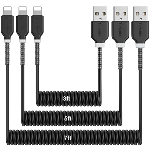 Terasako 3-Pack Coiled Lightning Cable for Car - Durable iPhone Charger Compatible with iPhone 12/11/X/8 Series, iPad & iPod (Black) | Perfect for Road Trips, Commuting & On-the-Go Charging