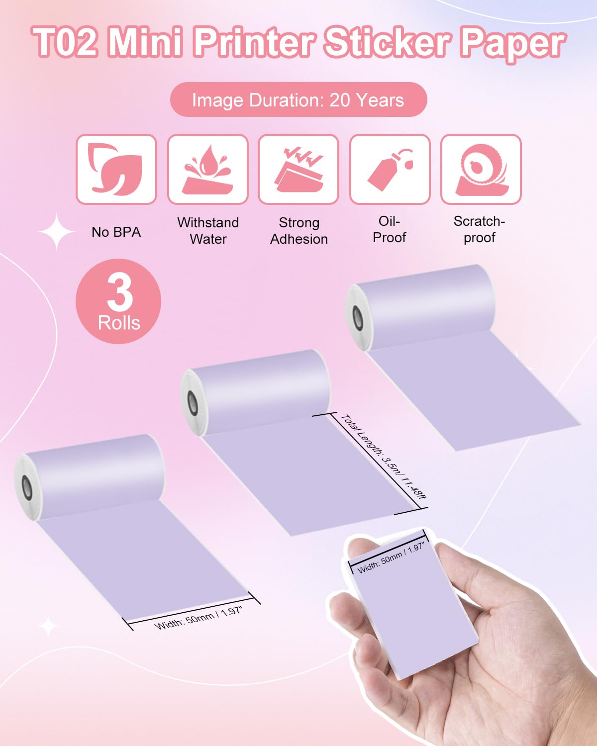 Memoking T02/M02X/M02L Sticker Paper Refill - 50mm x 3.5m Purple Adhesive Mini Printer Sticker Rolls, Lasts 20 Years | Perfect for Journaling, Photo Albums, Study Notes & DIY Crafts (3 Rolls Pack)
