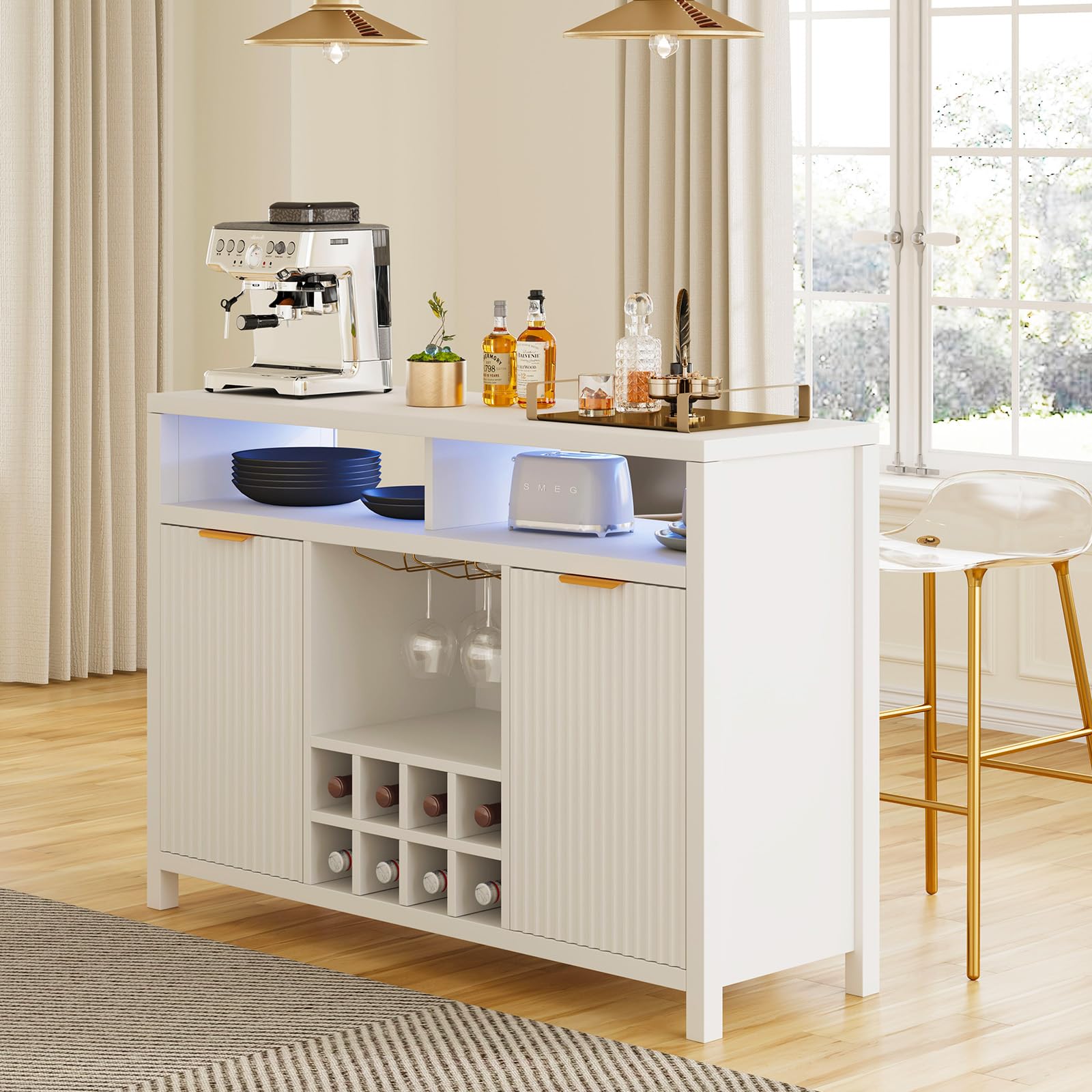 Modern White Fluted Home Bar Wine Cabinet with LED Lights & USB Charging Station - 47.2
