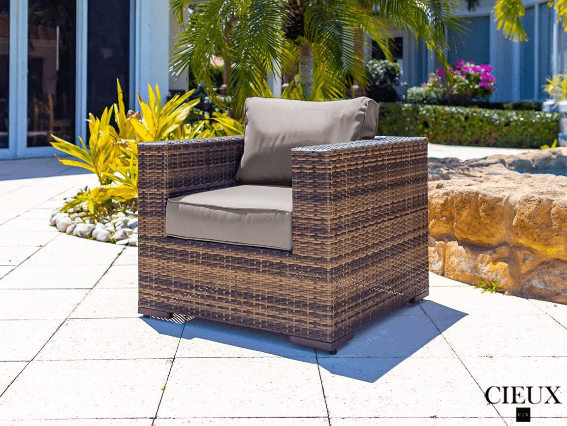 Brown Valence Outdoor Patio Wicker Club Chair with Sunbrella Taupe Cushions - Perfect for Poolside Lounging, Garden Relaxation & Backyard Decor