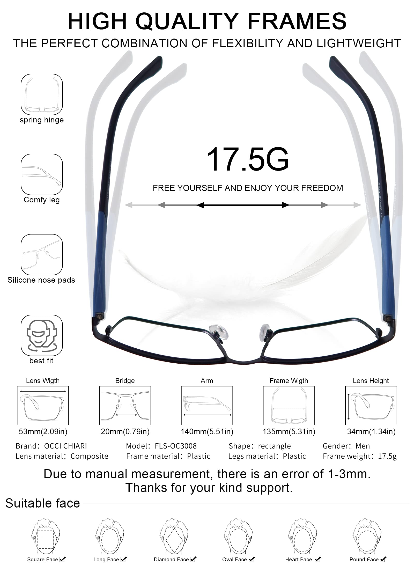 OCCI CHIARI Blue Light Blocking Glasses for Men - Square Computer Gaming Eyeglasses with Anti-Glare Protection - Reduce Eye Strain for Work, Gaming & Screen Time