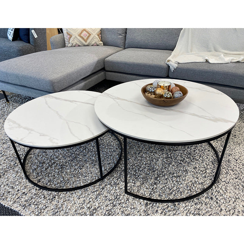 BRANDI Nest of 2 Tables - 75cm & 90cm White Ceramic Marble Coffee Side Tables - Perfect for Living Room, Bedroom or Office Decor