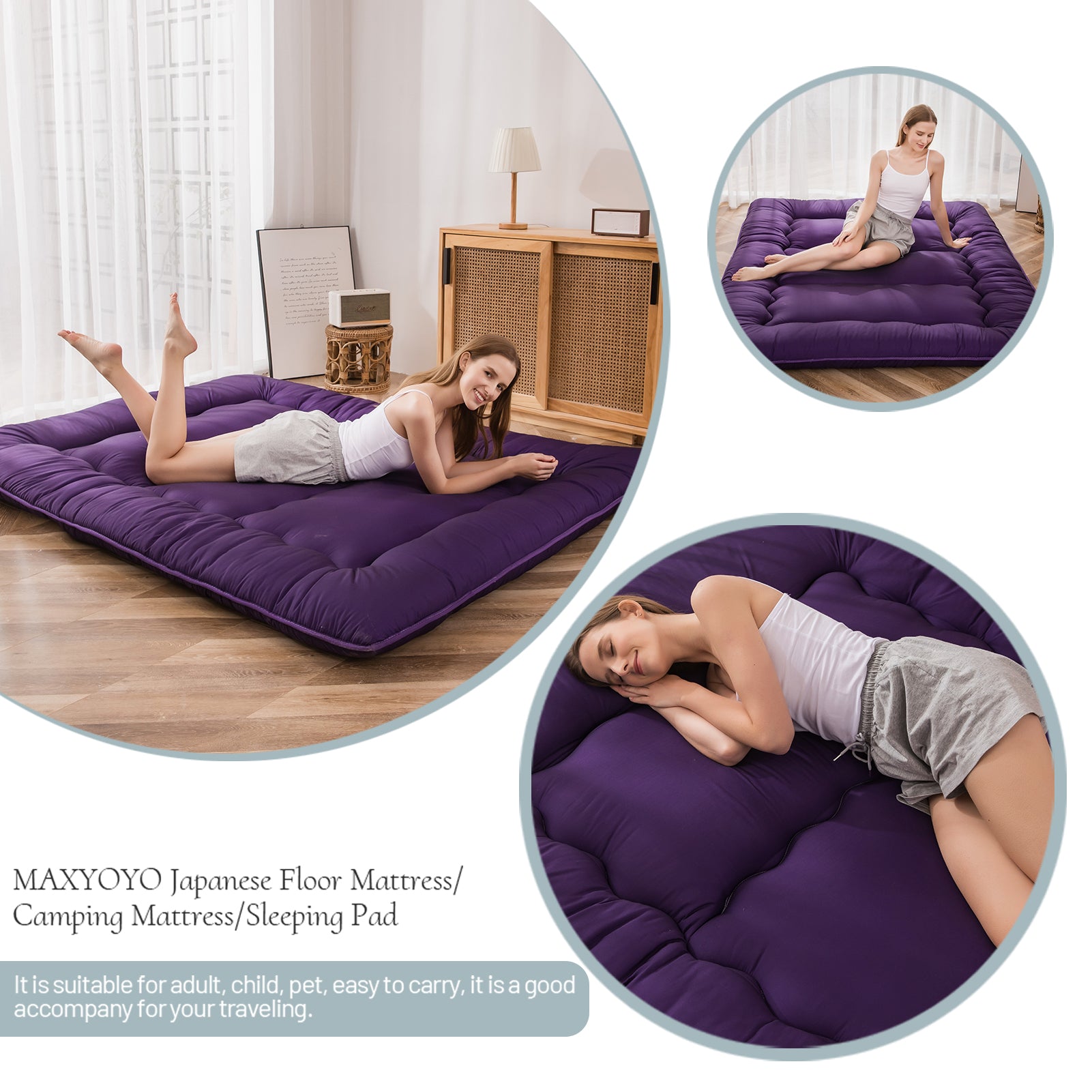 MAXYOYO Japanese Floor Futon Mattress - Dark Purple for Bedroom, Guest Room & Small Space | Comfortable Floor Sleeping Solution for Apartments & Minimalist Living