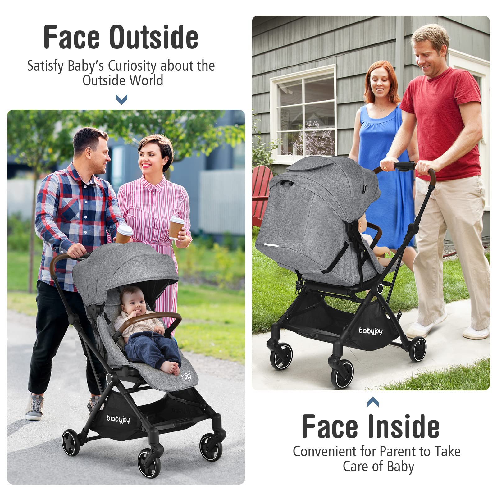 Baby Joy Foldable Lightweight Stroller for Newborns & Infants - Reversible Seat, Adjustable Canopy, 5-Point Safety Harness, Shock-Absorbing Wheels & Storage Basket (Gray) - Perfect for Park Walks, Shopping & Travel