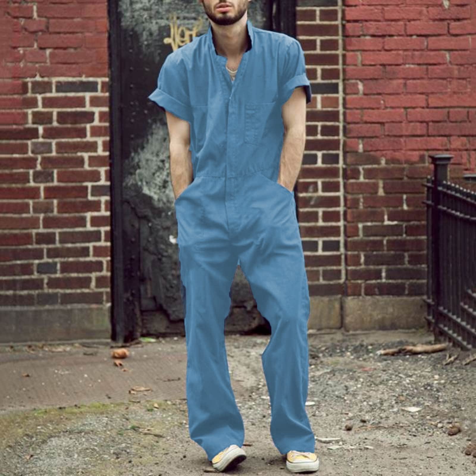Gefomuofe Men's Short Sleeve Work Overalls - Single Breasted One-Piece Jumpsuit in Blue, Size XL | Durable Protective Coverall for Construction, Painting, Gardening & Industrial Work