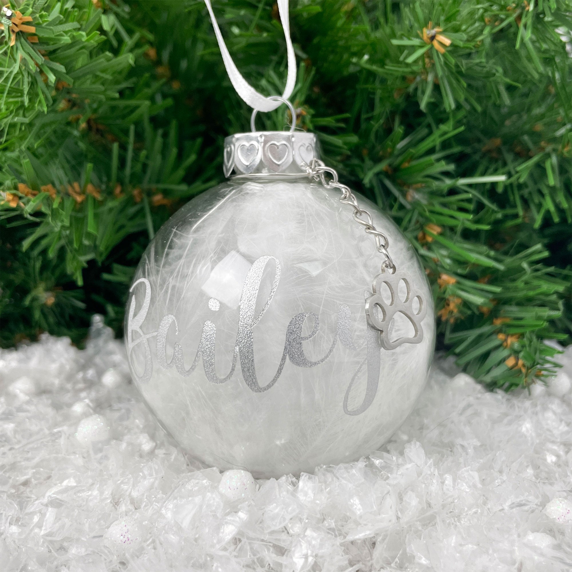 Personalized White Feather Filled Glass Pet Memorial Ornament with Paw Charm - Perfect for Pet Loss Remembrance, Sympathy Gifts & Memorial Keepsakes