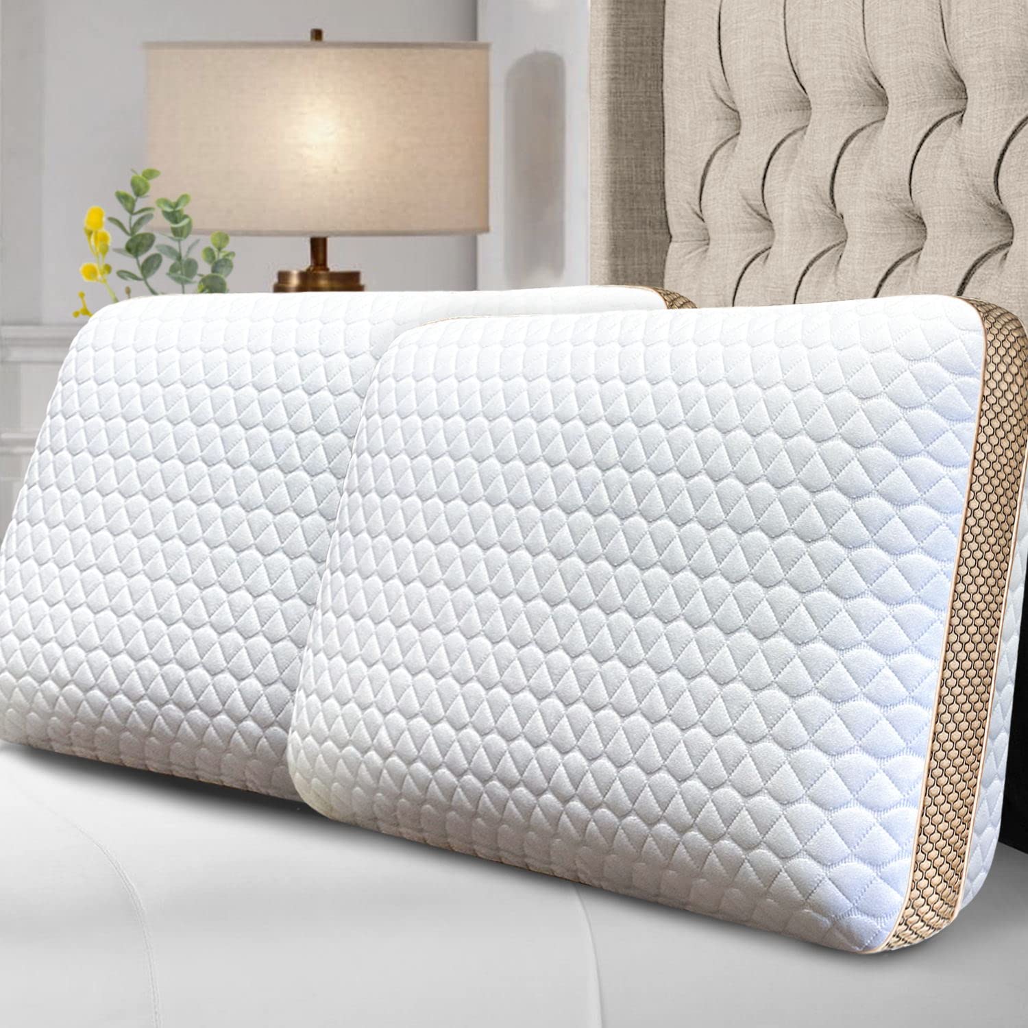 Memory Foam Pillows Set of 2 - Standard Size Medium Firm Orthopedic Bed Pillows for Side, Back & Stomach Sleepers | Cooling Gel Infused & Ventilated Design | Washable Cover | Perfect for Neck Pain Relief & Better Sleep