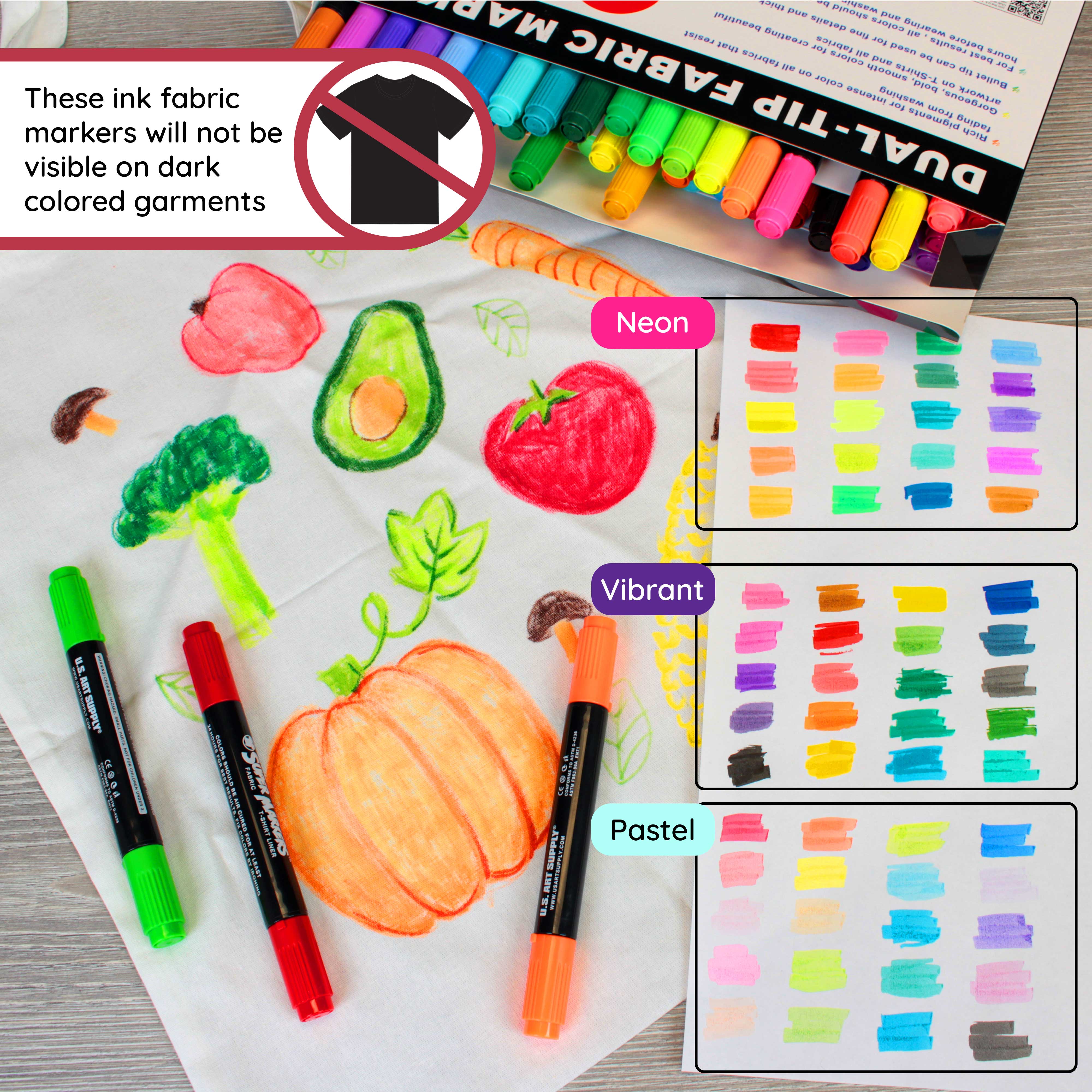 60 Dual Tip Fabric Markers Set - Super Markers with Chisel & Fine Point Tips in Primary, Pastel & Neon Colors - Perfect for DIY T-Shirt Designs, Fabric Crafts & Art Projects