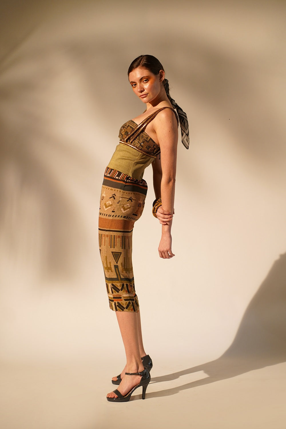 Stylish Green Aztec Print Rib Dress with Hand Thread & Wooden Embellishments - Perfect for Boho Chic Outfits, Festivals, and Summer Parties