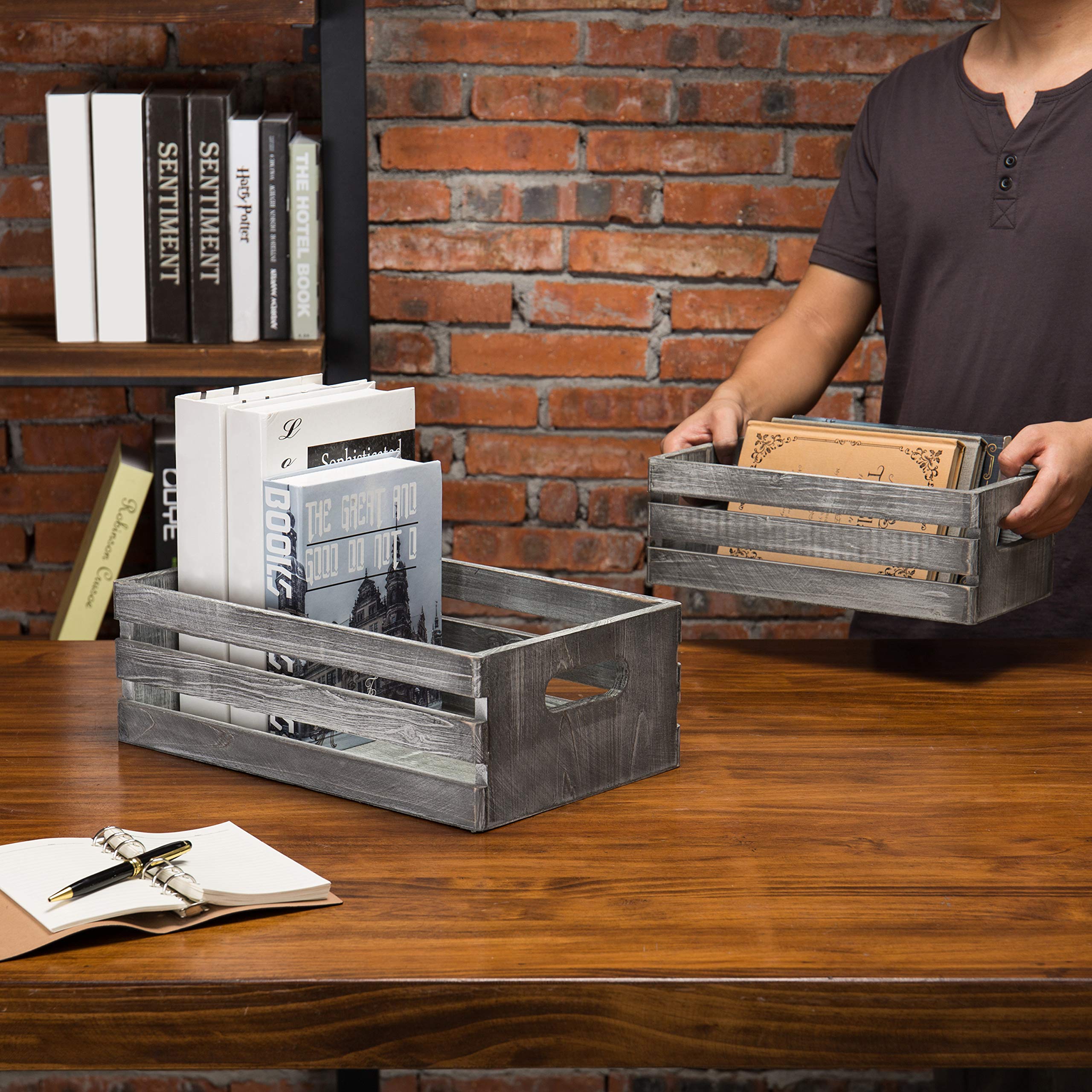 Rustic Dark Gray Wood Decorative Storage Boxes with Cutout Handles - Set of 2 Country Style Nesting Crates, Open Top Pallet Design Bins for Home Office, Farmhouse Decor, and Gift Wrapping