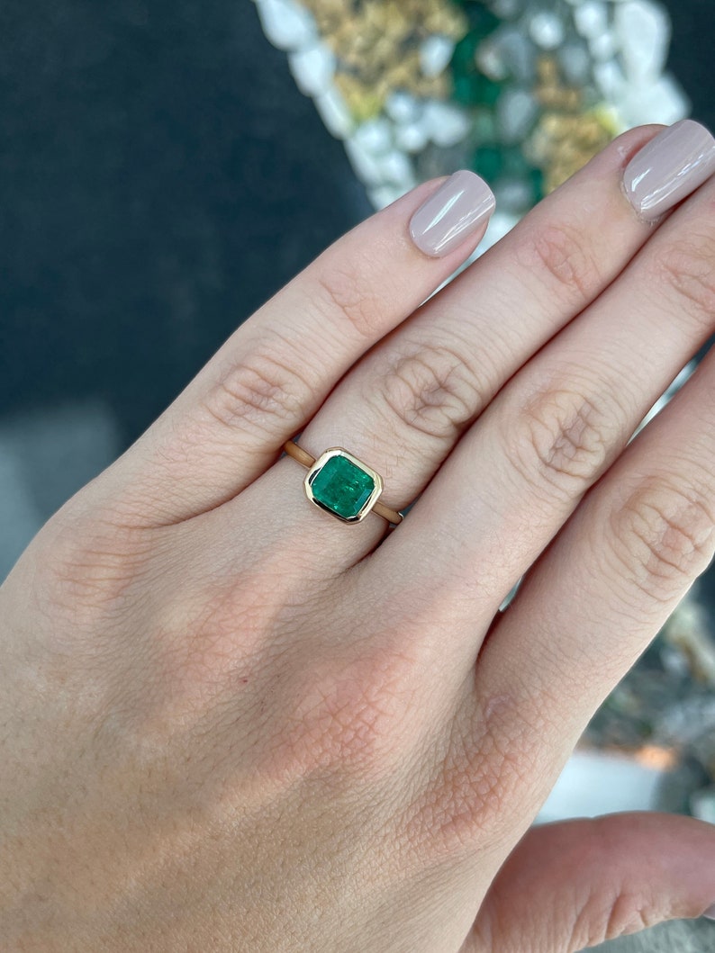 2.20ct 14K Gold Natural East-West Emerald Cut Solitaire Bezel Ring for Women - Elegant Engagement, Wedding, Anniversary Jewelry Gift
