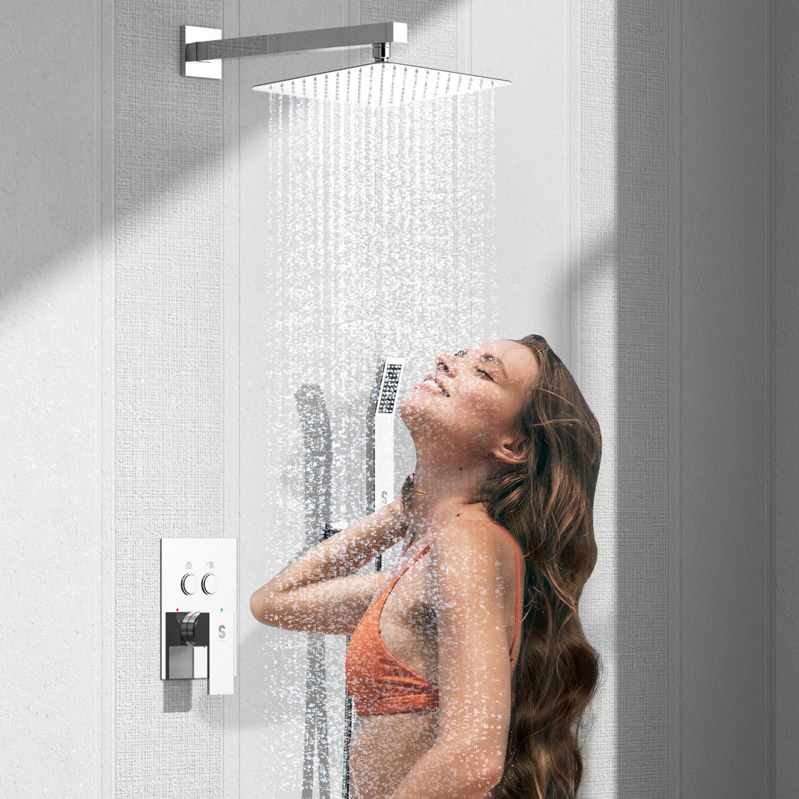 SR SUN RISE Luxury 10 Inch Rain Shower Head with Handheld Spray - High Pressure Shower System with Push Button Diverter & Rough-in Valve - Polished Chrome Finish for Bathroom & Spa Experience