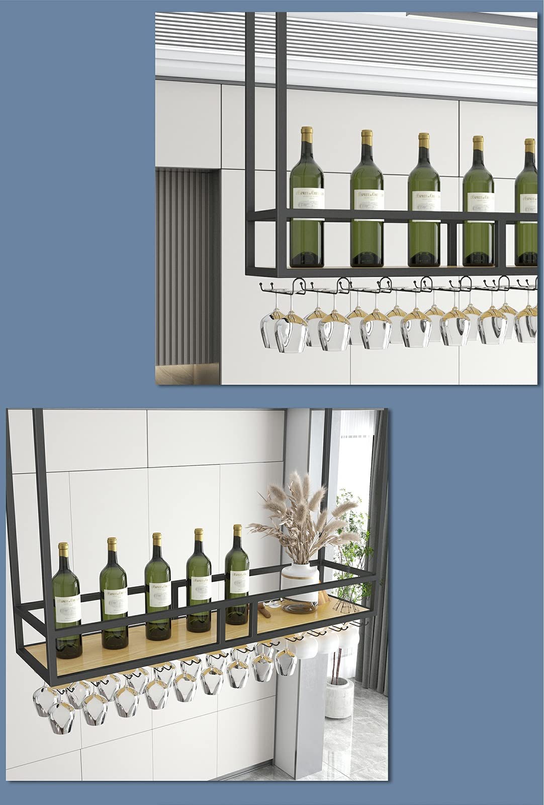 Black Metal Ceiling Mount Wine Rack with Stemware Glass Shelf - Space-Saving Hanging Bottle Storage for Kitchen, Bar, Restaurant & Home Decor - Perfect for Under Cabinet Installation & Wine Display