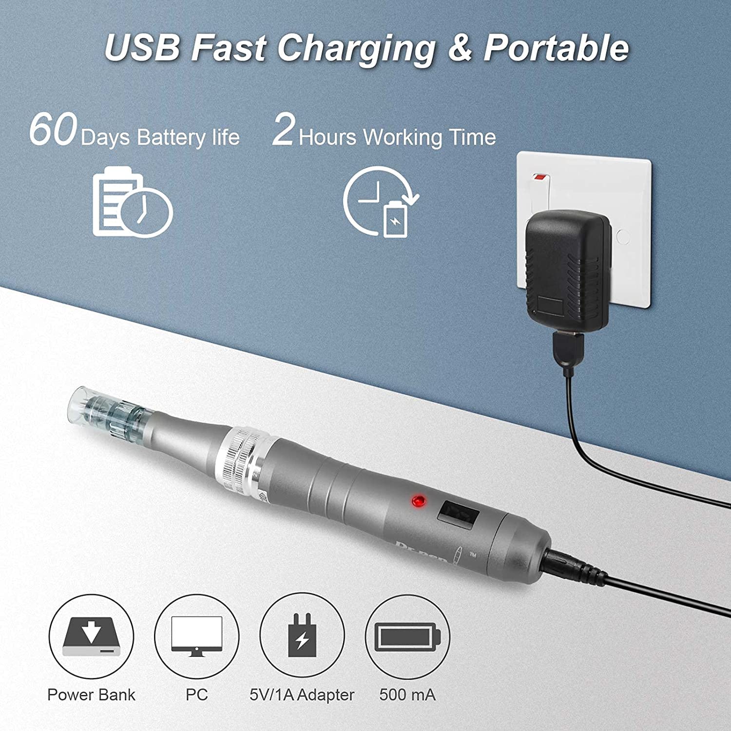 Authentic Microneedling Pen for Face & Body - Wireless Skin Care Tool with 8 Replacement Needle Heads (16x2 + 24x2 + 36x2 + 42x2) - At-Home Derma Roller for Wrinkles, Acne Scars & Skin Rejuvenation
