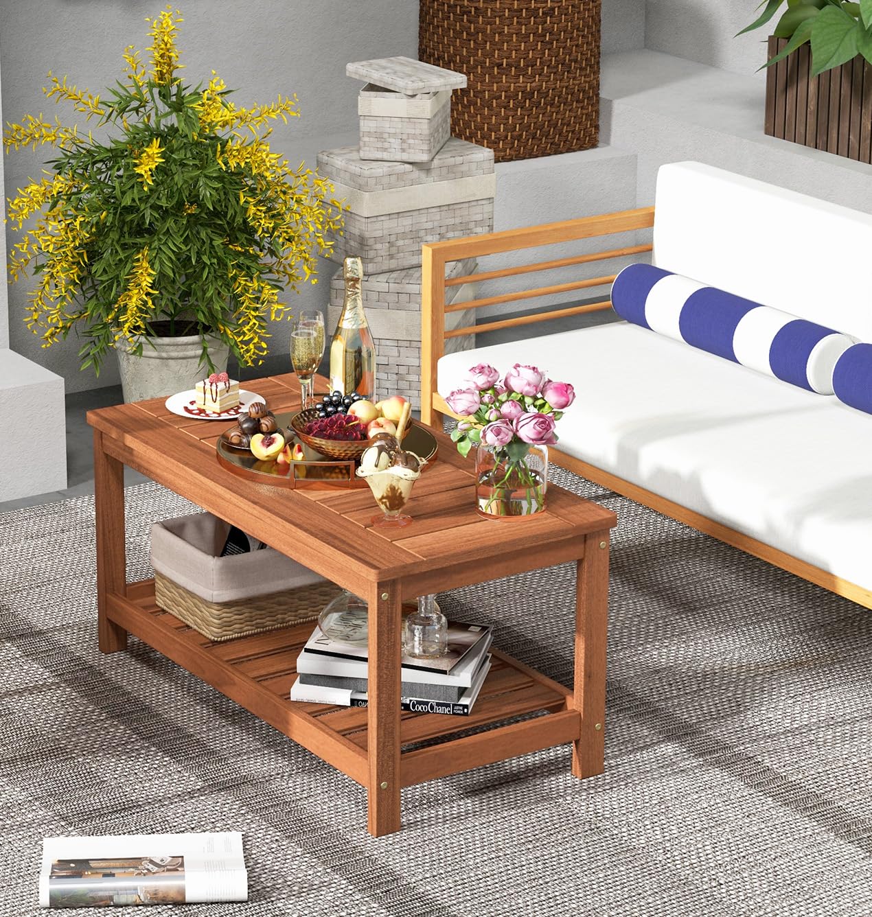 Giantex Hardwood Patio Coffee Table - 2-Tier Wooden Coffee Table with Slatted Tabletop & Storage Shelf, Outdoor Rectangular Center Table for Backyard, Garden, Poolside, Balcony & Indoor, Walnut - Perfect for Outdoor Gatherings, BBQ Parties, and Relaxing by the Pool