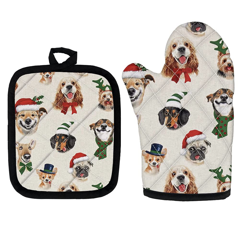 Christmas Dog Oven Mitts - Heat Resistant Kitchen Gloves & Pot Holders Set for Cooking, Baking, BBQ - Perfect for Holiday Baking, Home Kitchen & Gift Giving