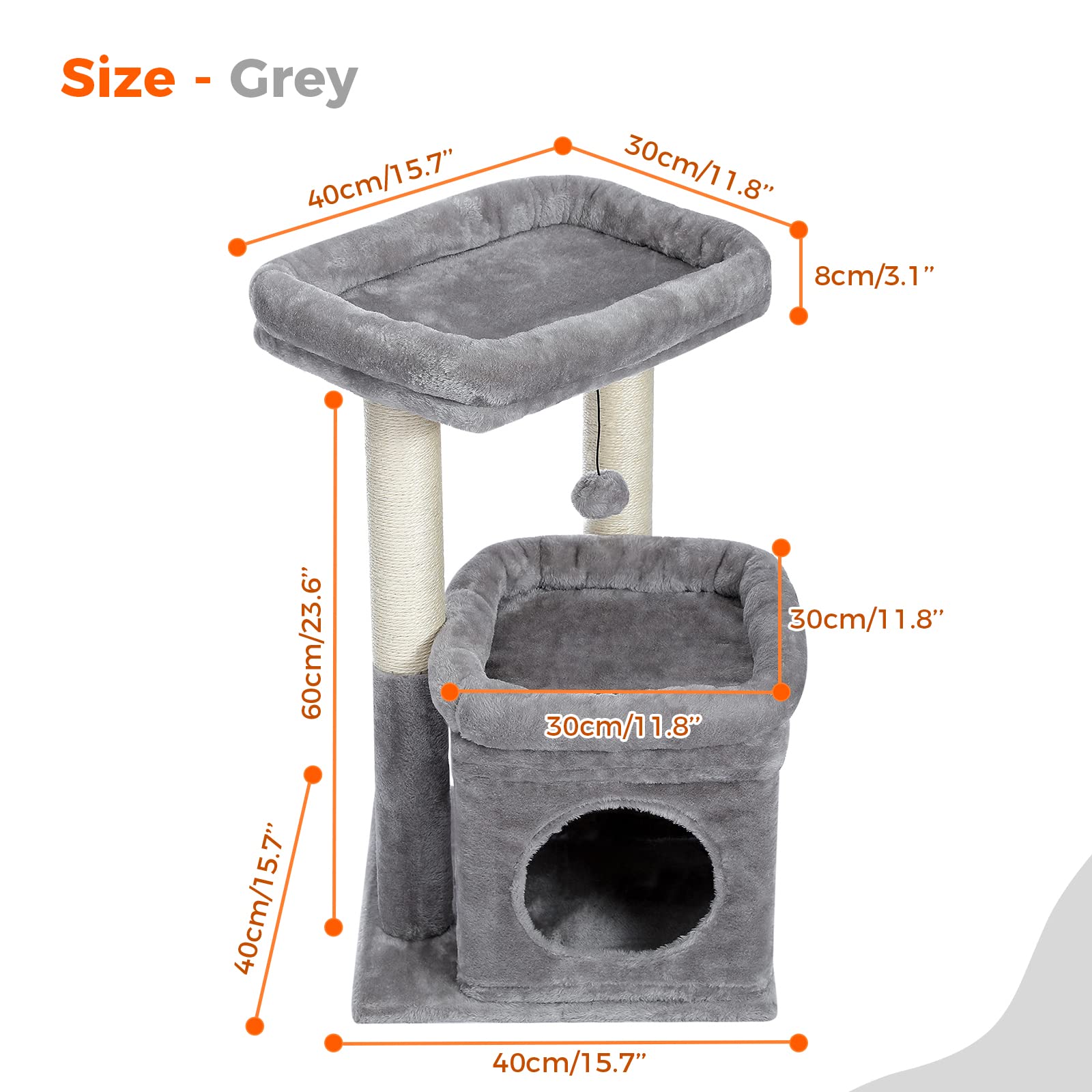 PAWZ Road Multi-Level Cat Tree with Sisal Scratching Post, Soft Cat Condo & Plush Pompom - Grey Indoor Cat Tower for Play, Rest & Climbing | Perfect for Small Spaces & Kitty Exercise