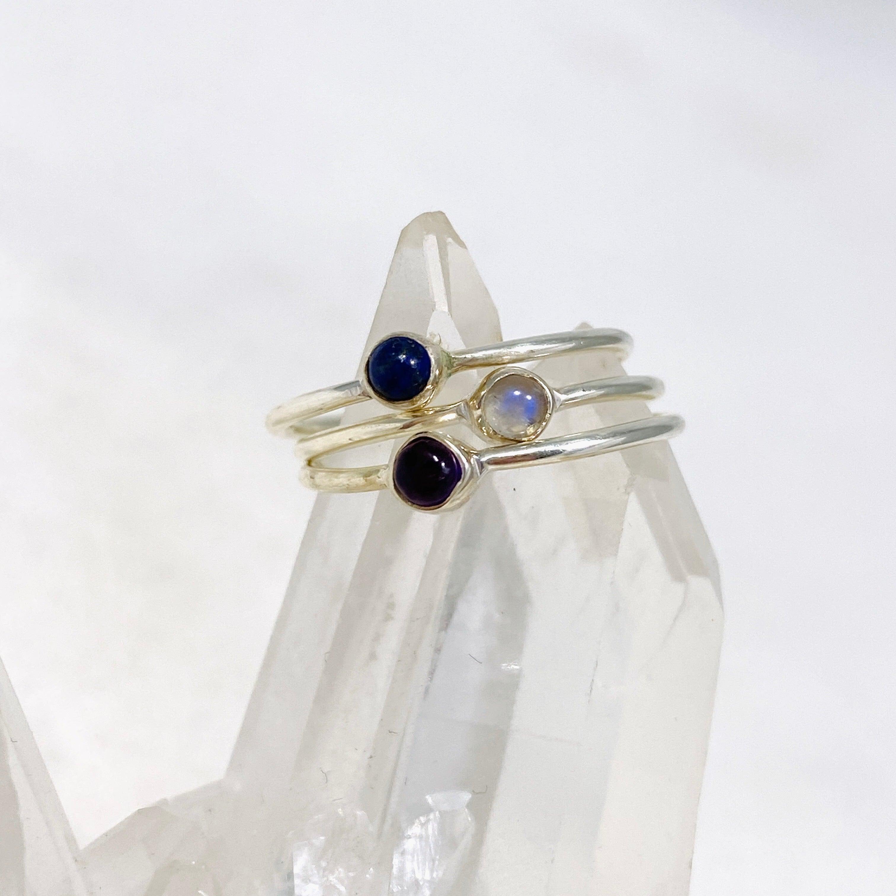 Amethyst Lapis Moonstone Round Band Ring Set of 3 - Elegant Stackable Rings for Women, Dainty Gemstone Jewelry Gift for Birthday, Anniversary & Everyday Wear