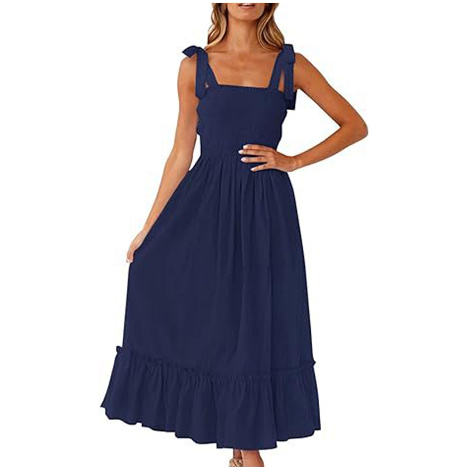 Boho Maxi Dress for Women - Square Neck Spaghetti Strap Beach Dress for Summer Vacations