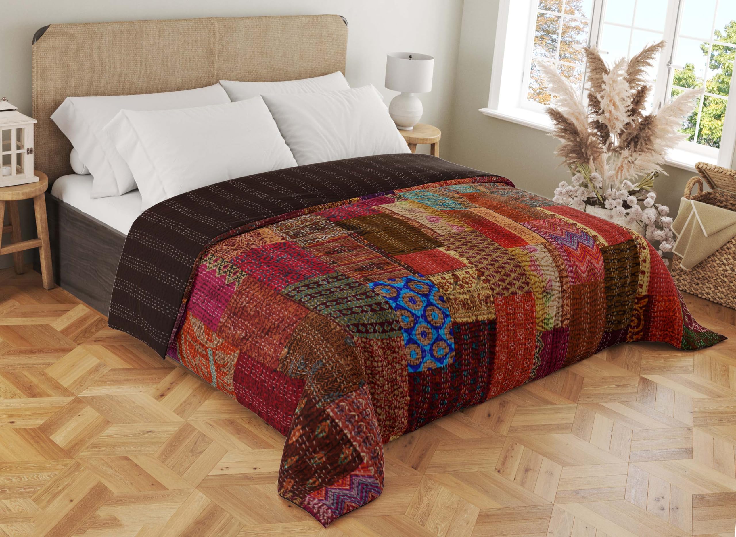 Handmade Indian Kantha Quilt - Reversible Vintage Silk Sari Patchwork Comforter (Brown, King Size 108x108 Inches) | Boho Bedspread, Guest Room Decor, Cozy Throw Blanket for Bedroom & Living Room