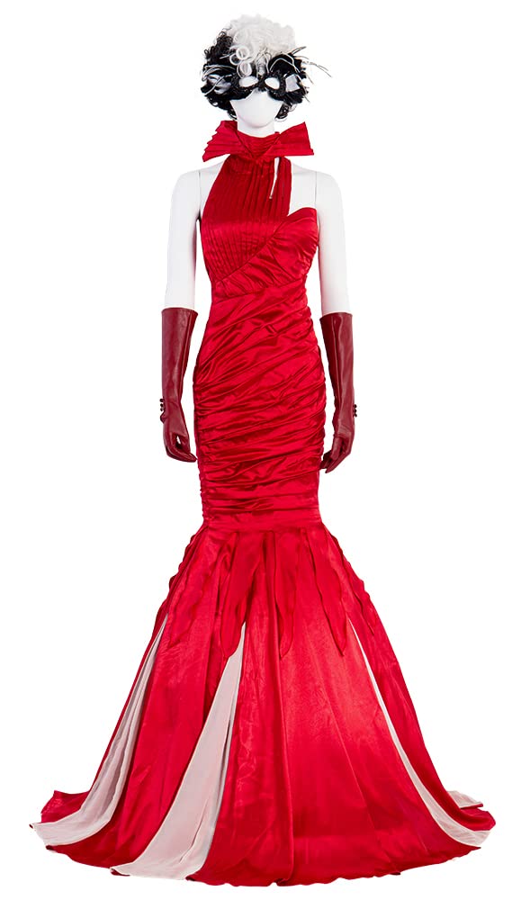 Cruella De Vil Costume for Women - Red Dress with Wig & Mask | Adult Halloween Cosplay Outfit for Parties & Themed Events