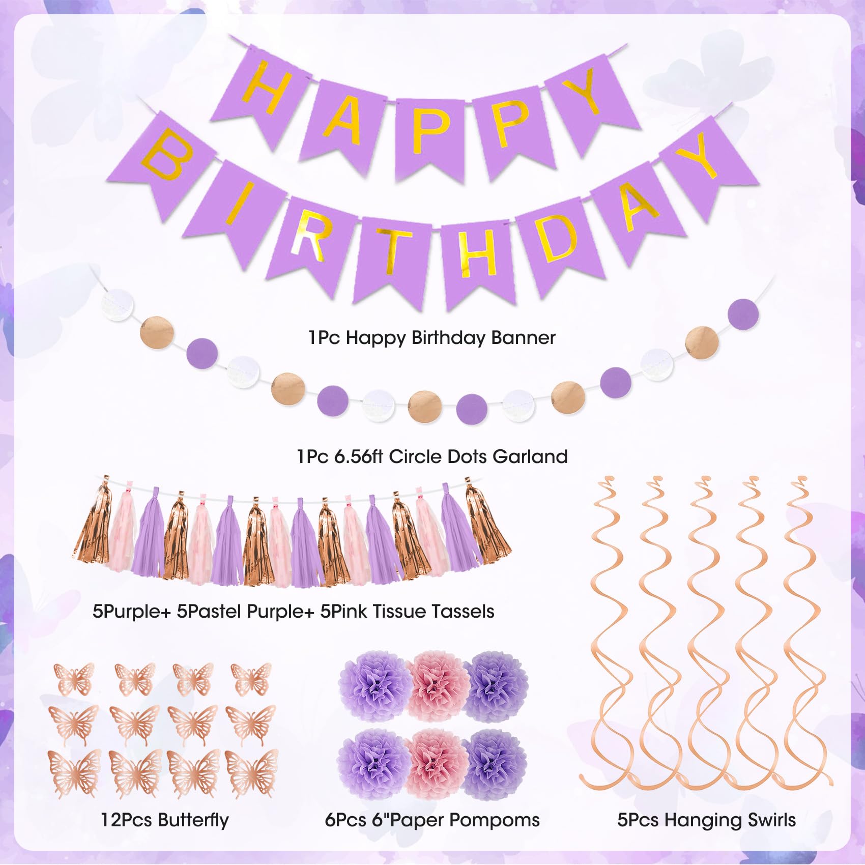 Elegant Purple Pink Birthday Party Decorations for Women & Girls - Butterfly Confetti, Rose Gold Lavender Balloons, Happy Birthday Banner, Fringe Curtains | Perfect for 30th, 40th, 50th Birthday Celebrations, Baby Showers & Bridal Showers