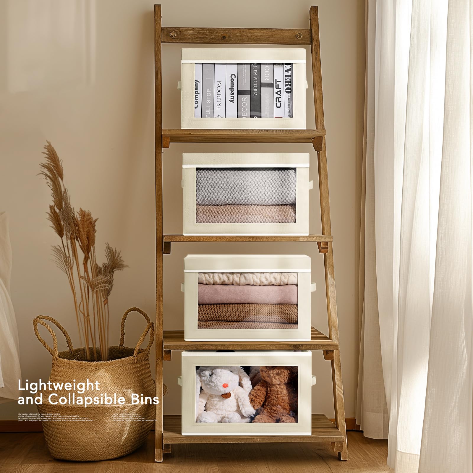 Clear Window Fabric Storage Boxes with Lids - 4 Pack Large Decorative Storage Bins with Handles, Linen Closet Organizer for Clothes, Towels & Blankets - Perfect for Bedroom, Closet & Home Organization (Beige)