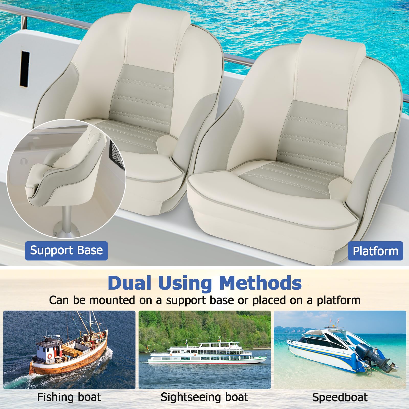 Goplus Captain Bucket Seat - Waterproof PVC Leather Pontoon Boat Chair with Thick Sponge Padding & Curve Armrest, High Back Fishing Boat Seat for Pontoon, Sightseeing, and Leisure Boating (1 Pack, Ivory & Gray) - Perfect for Comfortable Fishing Trips and Relaxing Water Tours