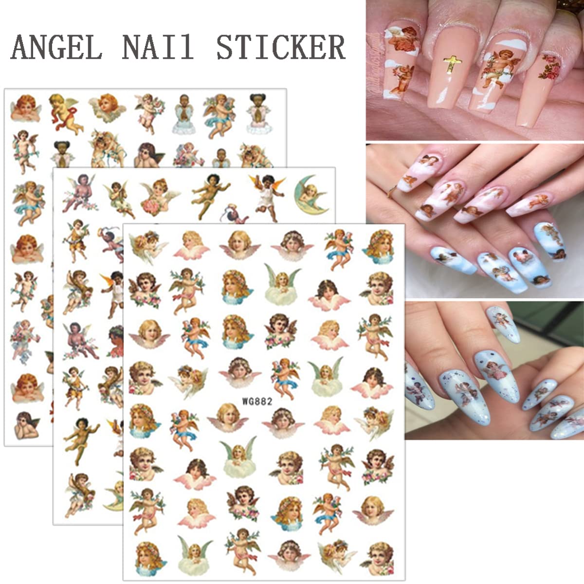 8 Sheets 3D Angel Nail Art Stickers - Self Adhesive Nail Decals with Cupid, Rose Flowers, Wings & Heart Designs for Women & Girls - Perfect for DIY Manicure, Nail Art Supplies & Party Decoration