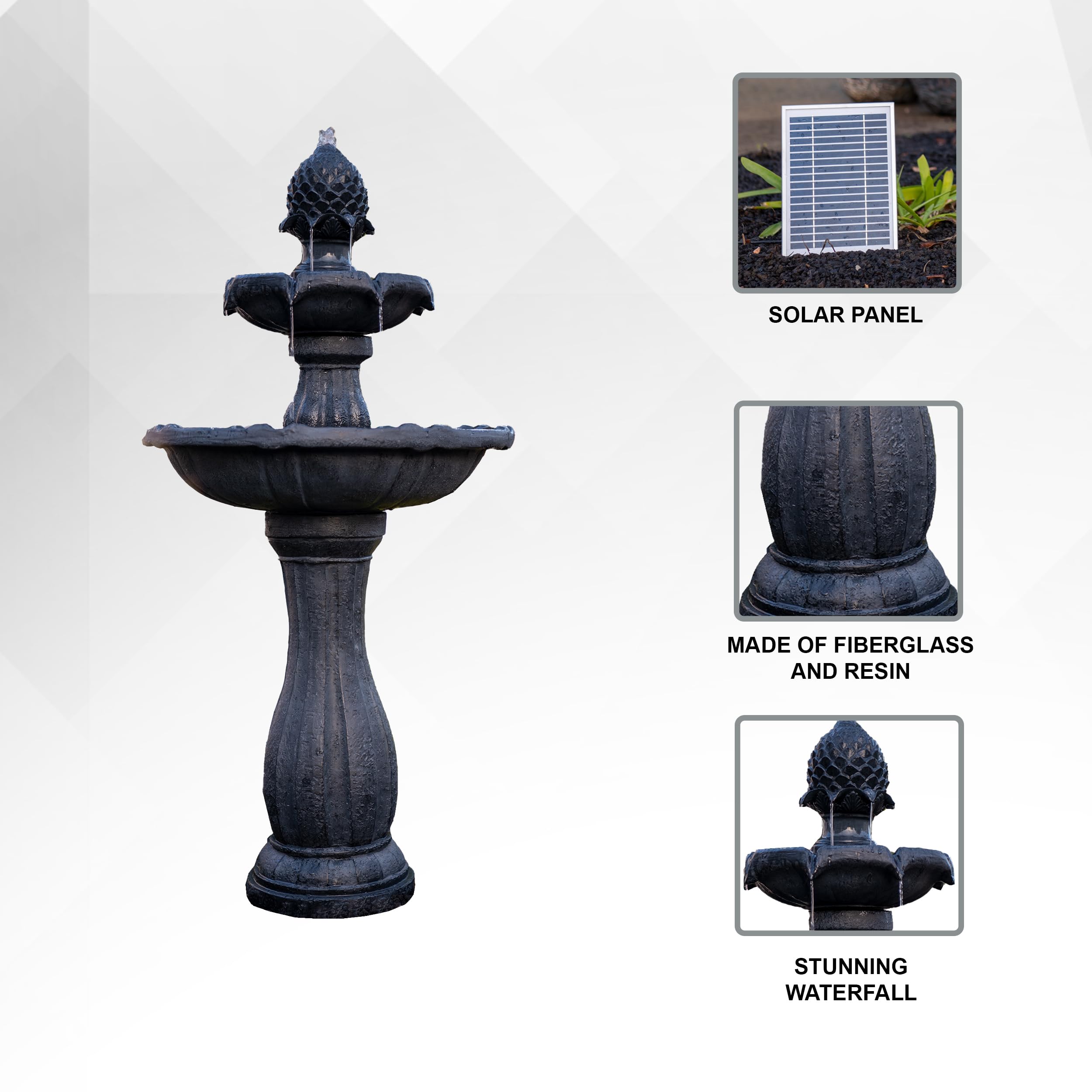 XBrand 44-Inch Tall Black Fiberglass/Resin 2-Tier Solar Water Fountain with Solar Panel & Auto-Shut Off Pump - Outdoor Garden Decor for Patio, Yard, and Landscape (Perfect for Bird Baths & Relaxation)