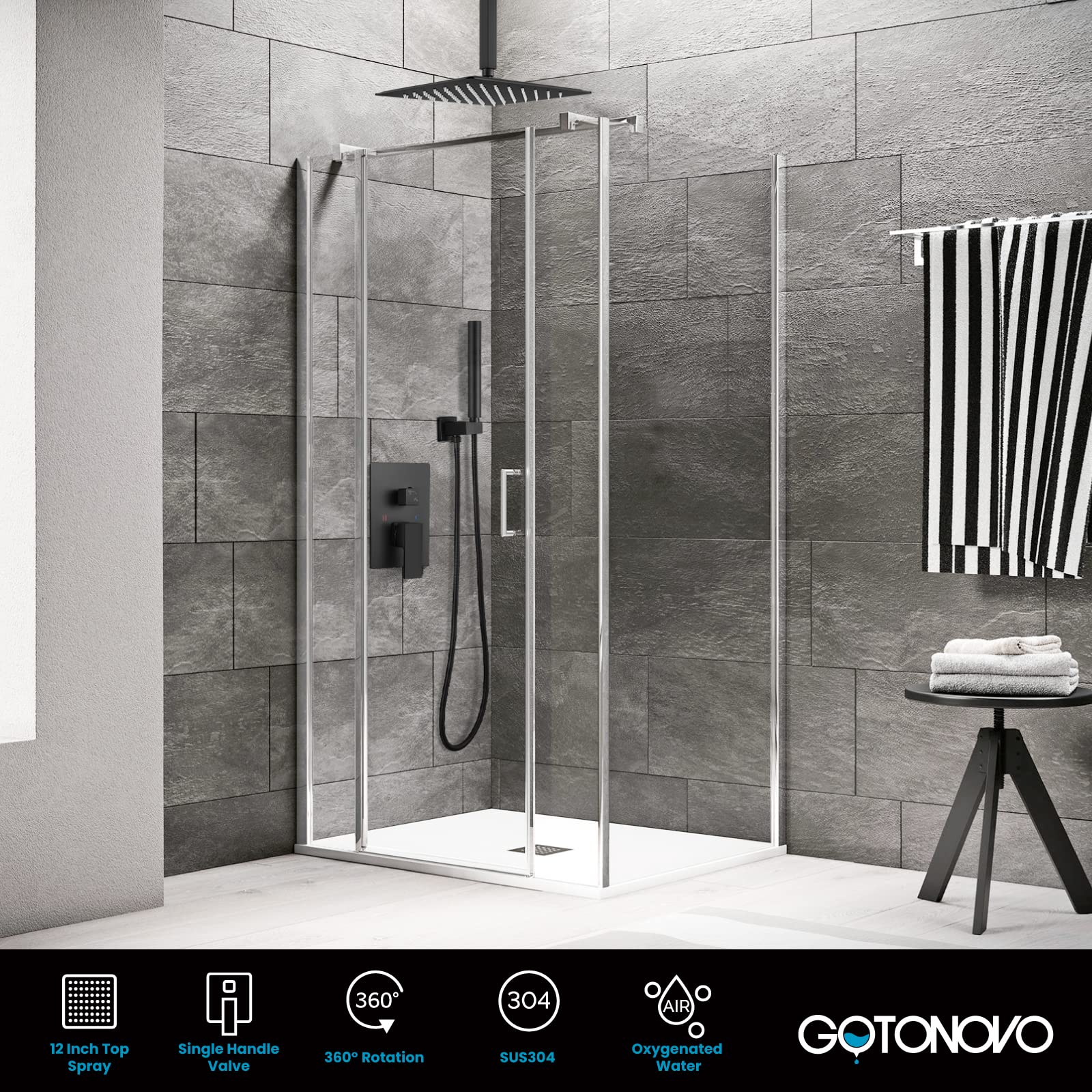 Gotonovo 12 Inch Matte Black Ceiling Mount Rainfall Shower System - Square Showerhead & 2-in-1 Cylindrical Handheld Shower Faucet Set with Rough-in Valve - Stainless Steel Bathroom Shower Trim Kit for Modern Luxury Spa Experience