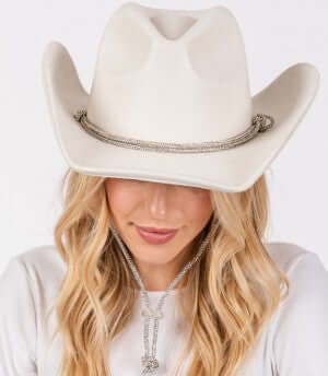 Sparkling Ivory Rhinestone Rope Strap Western Cowboy Hat for Women - Perfect for Country Concerts, Rodeos & Western Fashion Outfits