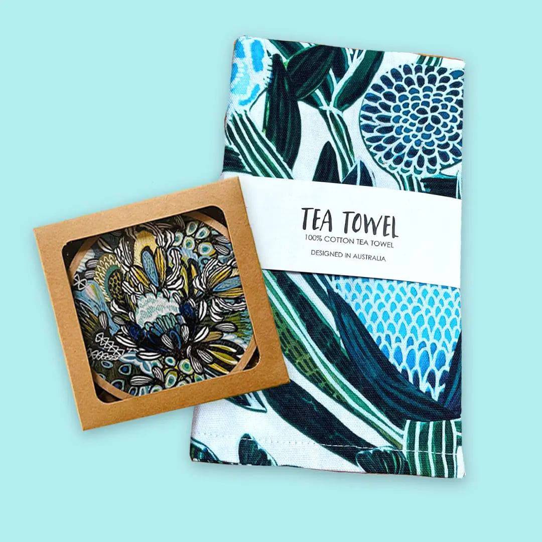 Premium Blue Banksia Tea Towel & Coaster Set - Australian Floral Kitchen Decor - Perfect for Tea Time, Hosting Gifts & Farmhouse Style Kitchens