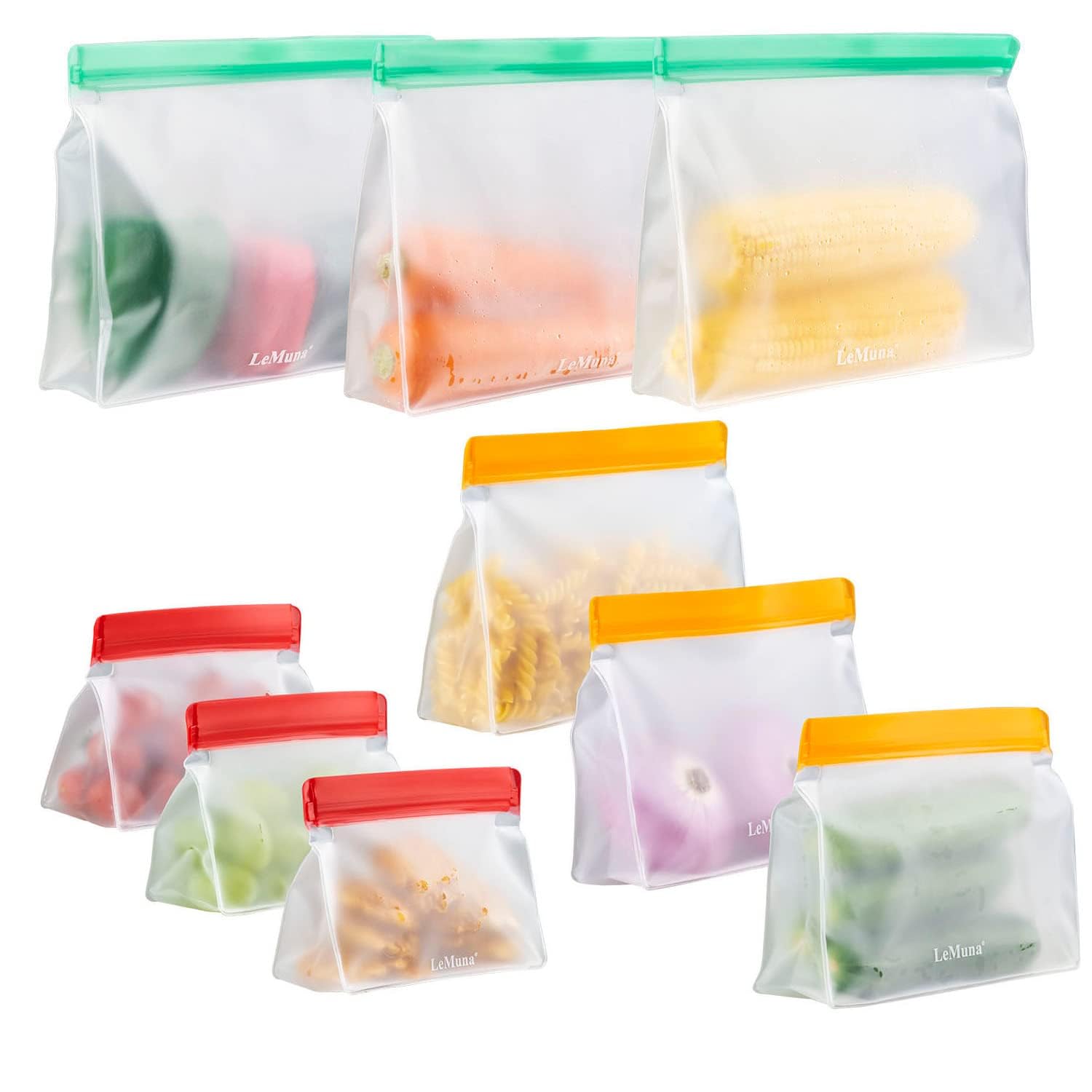 LeMuna 9 Pack BPA Free Reusable Storage Bags - Stand Up Freezer Bags Set (3 Gallon, 3 Sandwich, 3 Snack Bags) for Food Storage, Meal Prep, Organizing Meat, Fruits, Cereal & Snacks | Eco-Friendly Kitchen Essentials for Home, Office & Travel