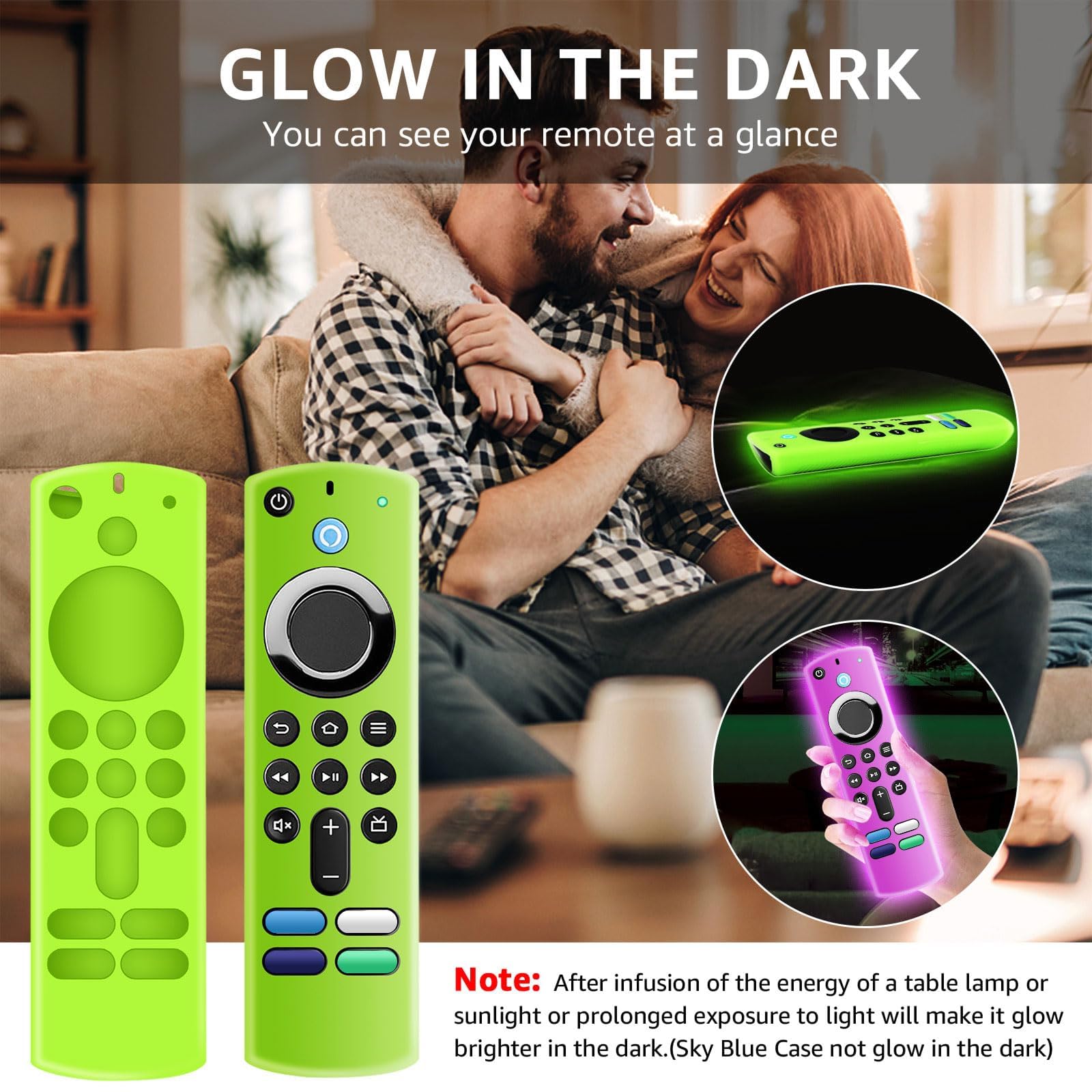 3 Pack Glow in The Dark Silicone Remote Cover Case - Anti Slip Protective Case with Lanyard (Glow Green, Glow Purple, Sky Blue) - Perfect for Nighttime TV Watching, Home Theater, and Living Room Organization