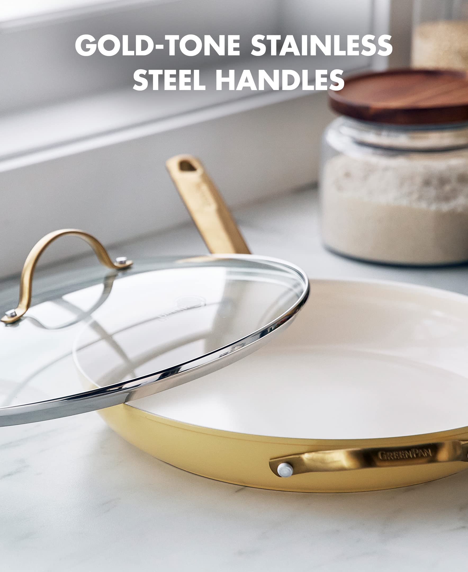 GreenPan Reserve Hard Anodized Healthy Ceramic Nonstick 12-Inch Frying Pan Skillet - PFAS-Free, Dishwasher & Oven Safe (450°F) with Helper Handle & Glass Lid - Gold Handle, Sunrise Yellow - Perfect for Sautéing, Frying & Everyday Cooking