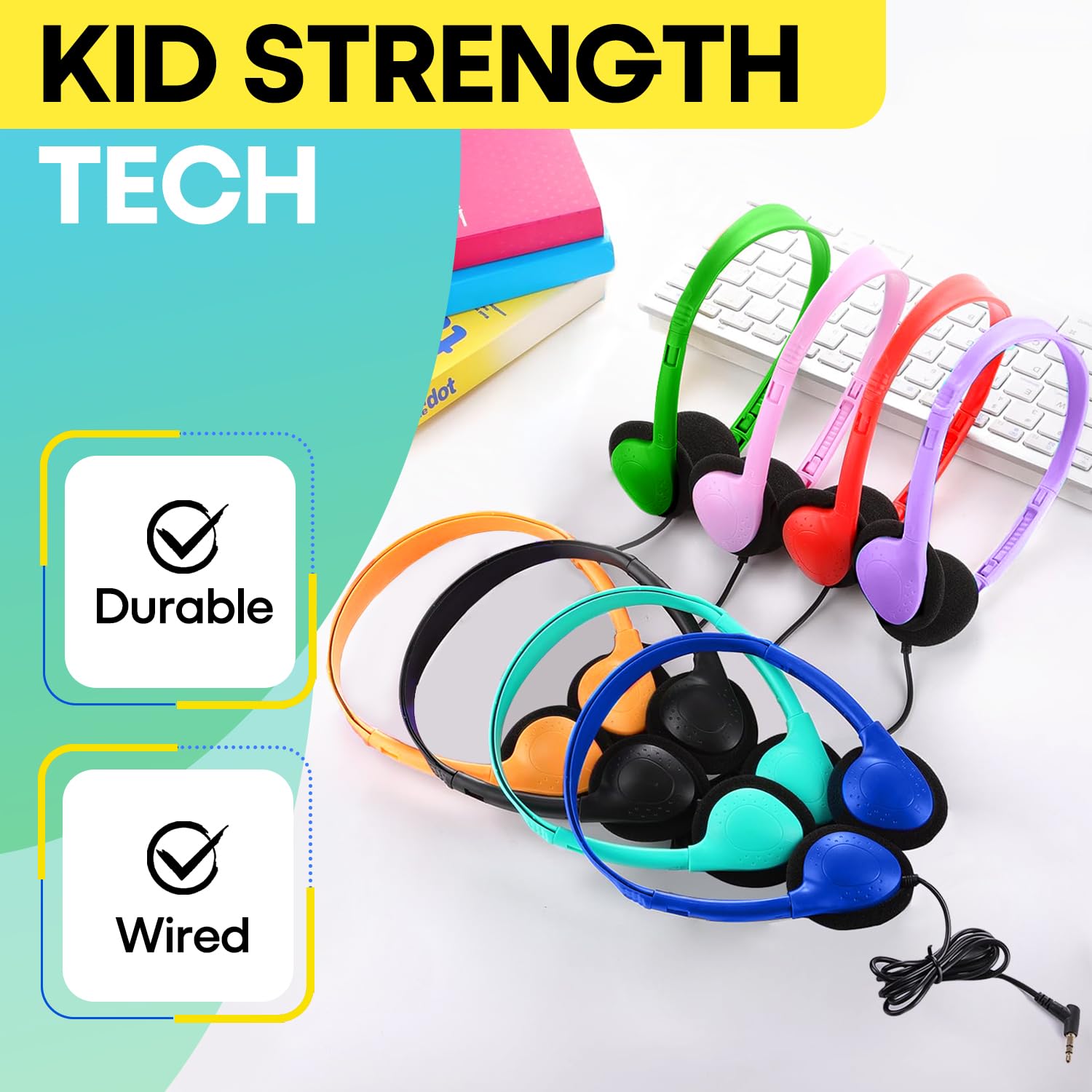 50 Pack Bulk Classroom Headphones - Durable Wired Earphones for Students, Kids, Teens & Adults - School Headset Set for Learning Centers, Libraries & Computer Labs (HY857, 50 Mixed Colors)