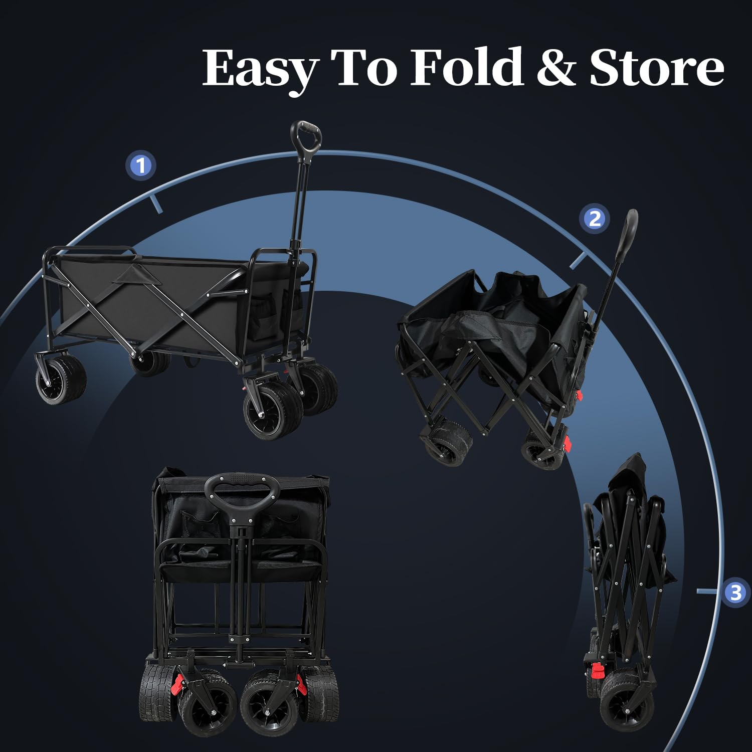 Heavy Duty Collapsible Folding Wagon Cart 300lbs Capacity - Portable Utility Grocery Cart with 2 Drink Holders for Camping, Shopping, Beach, Sports & Outdoor Activities - Black