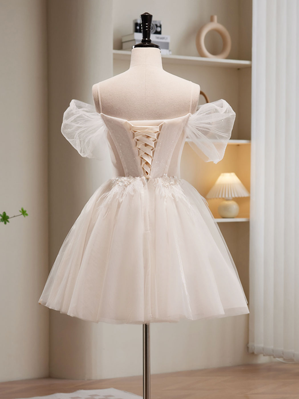 Elegant A-Line Off Shoulder Tulle Short Beige Prom Dress | Cute Homecoming Party Gown for Teens | Perfect for School Dances, Formal Events & Special Occasions