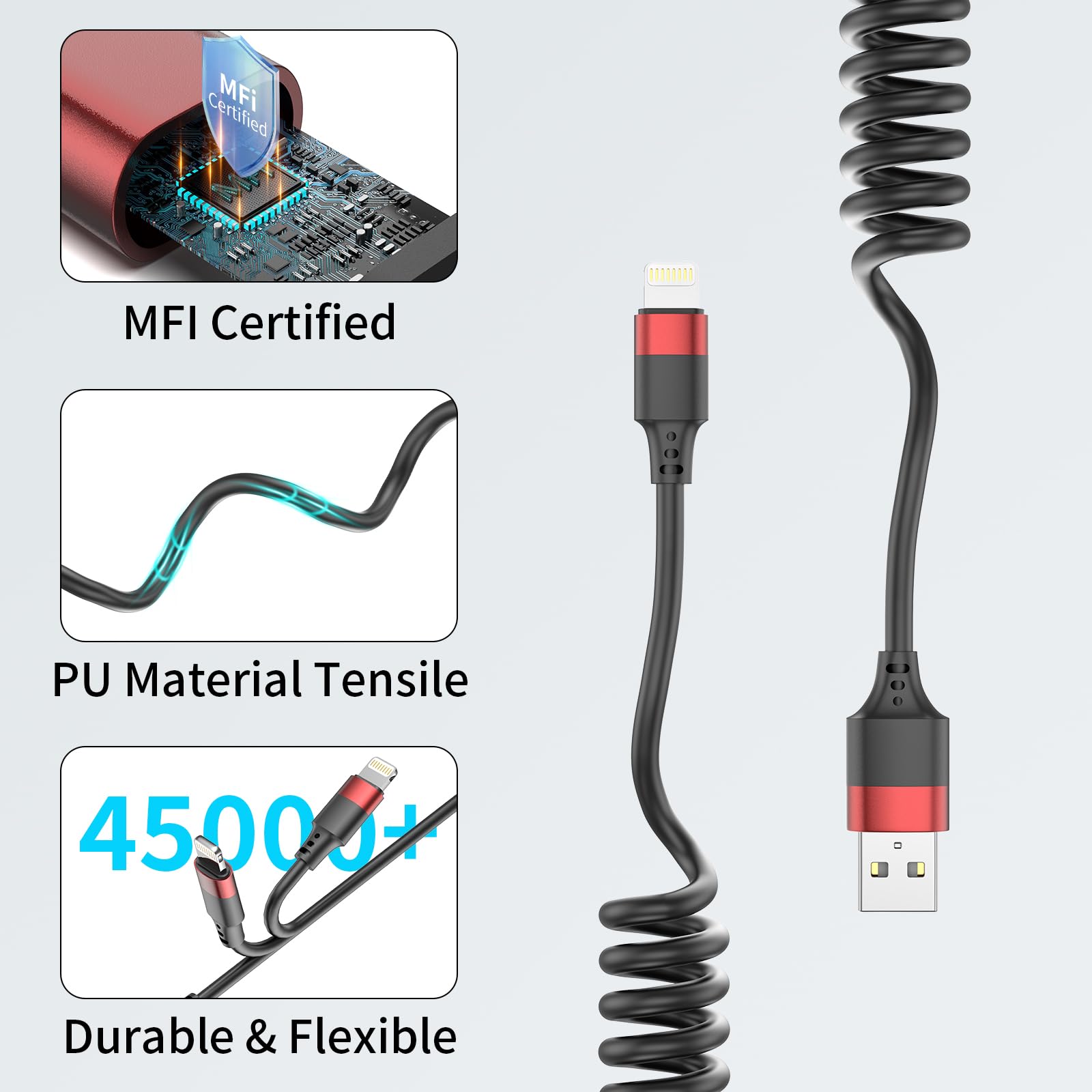 2 Pack Coiled Lightning Cable for Car - Fast Charging iPhone CarPlay USB Cable Compatible with iPhone 14/13/12/11 Pro Max/Mini/XR/XS/8/7 Plus/SE & iPad/iPod - Perfect for Road Trips & Daily Commute